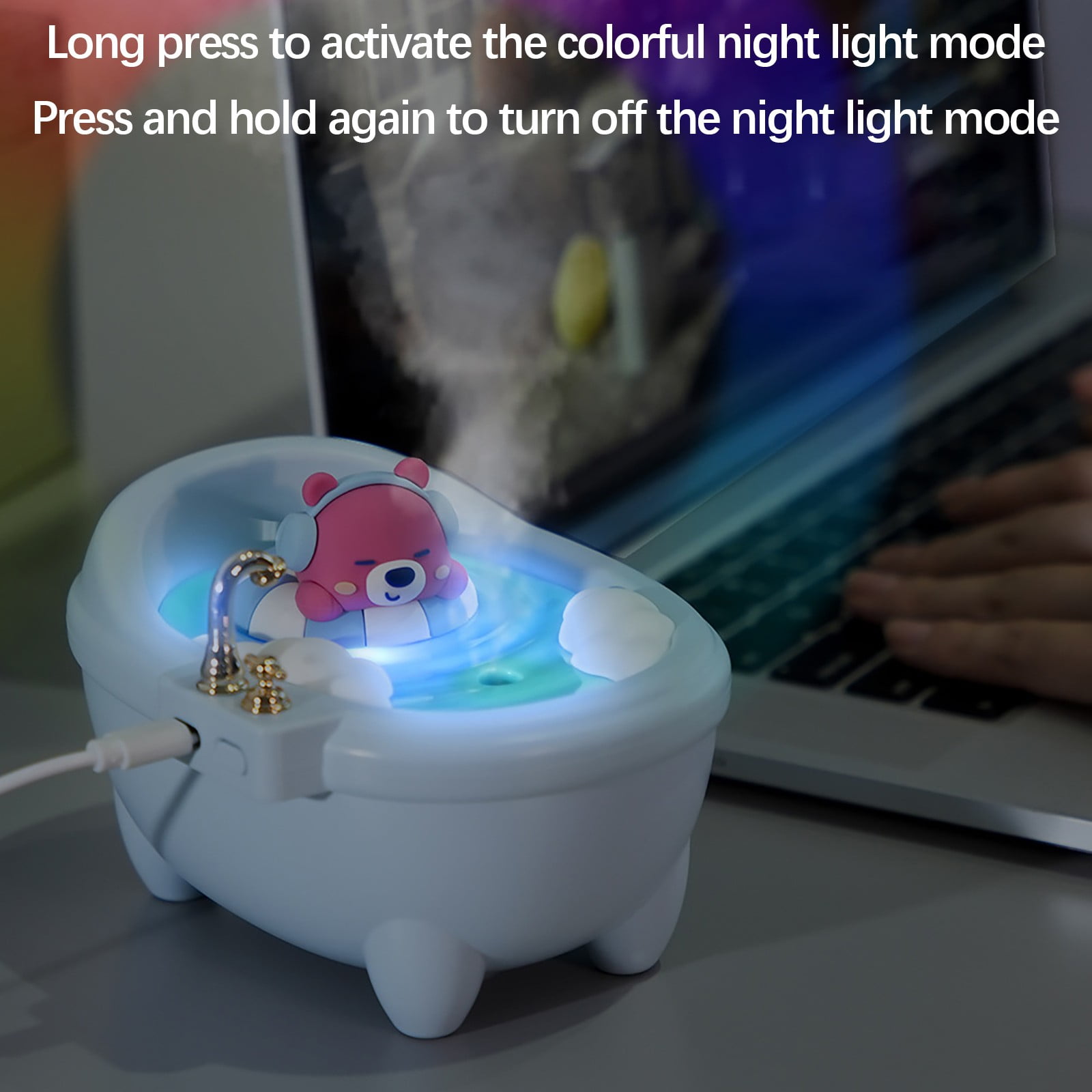 QQYIDA Mini Bathtub Humidifier, Cool Mist Desktop Air Hydrator with Ambient Light for Bedroom and Office (White, 10 fl oz) pdu2o