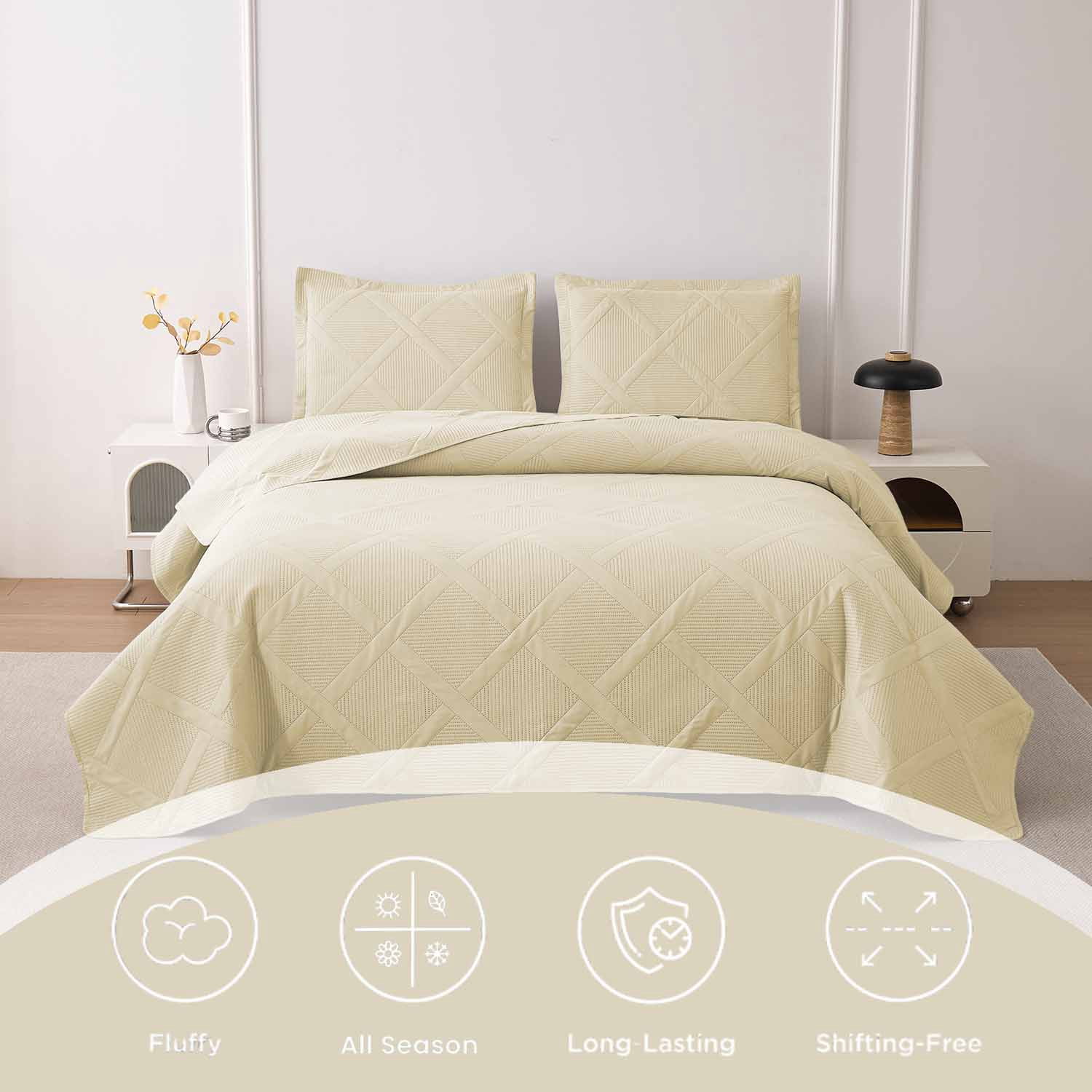 Beartech Solid Color Quilt Set Reversible Lightweight Microfiber Bedspread (Beige, Queen Size) zi8f2