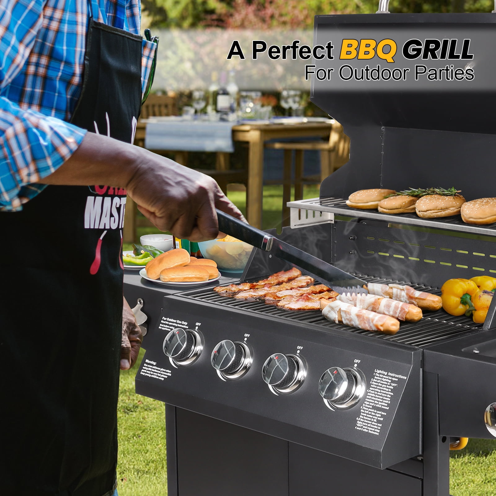 BETISEF 4-Burner Propane Gas Grill with Side Burner and Side Table (Black, 52 in x 16.7 in x 42 in) d3y9z