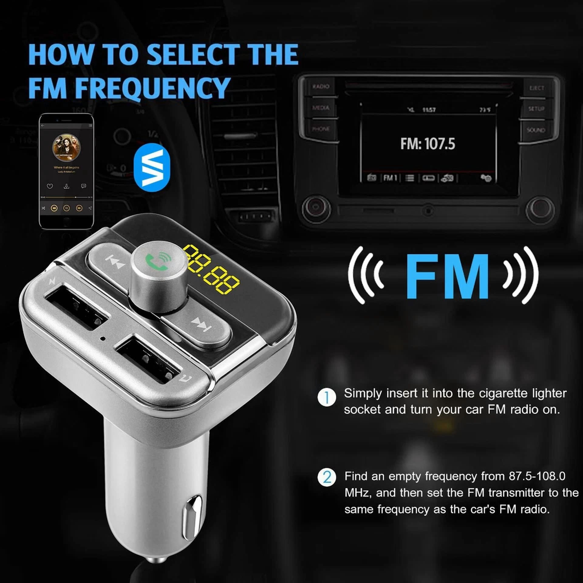 Rhea Wireless Handsfree Car Kit FM Transmitter with Dual USB Charger (Black, 1 Pack) 8e203