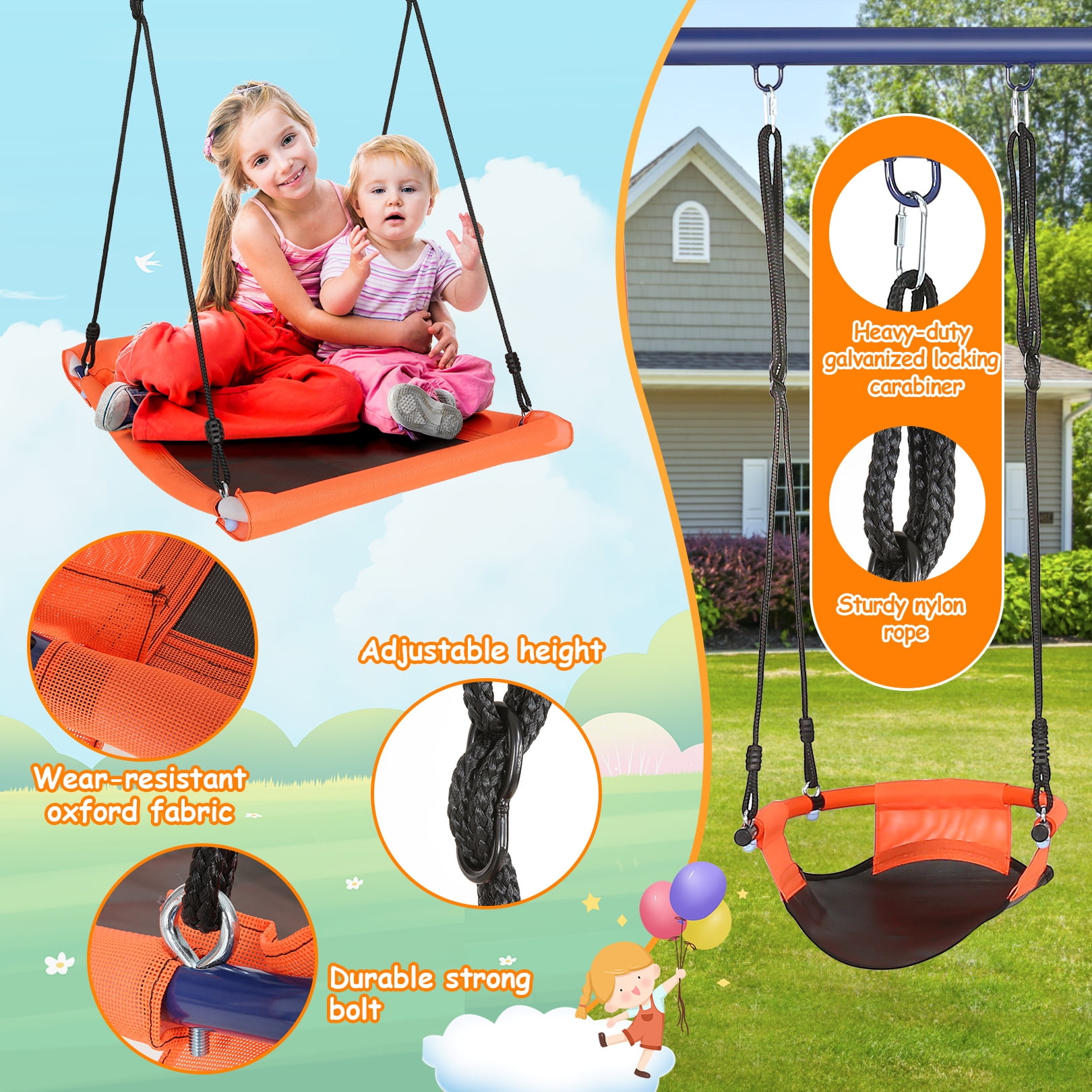 Veeboto 6-in-1 Outdoor Swing Set, Heavy-Duty Metal Backyard Playground with Climbing Ladder and Basketball Hoop (Orange, 700 lb Capacity) fn8wc