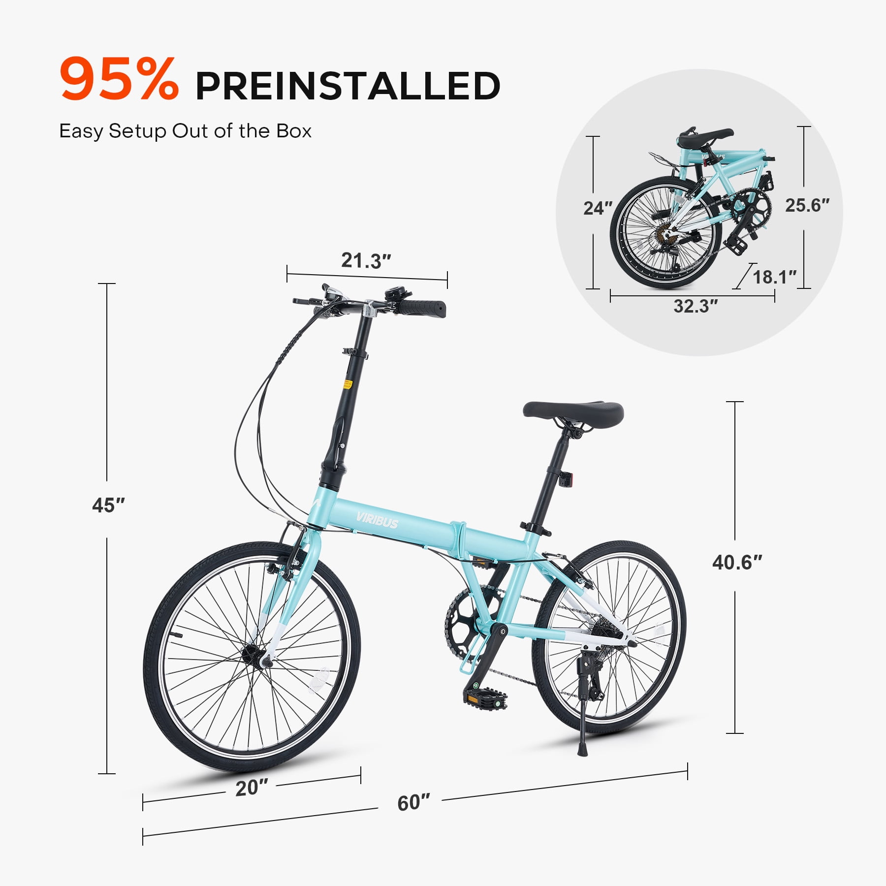 Viribus 20 in Adult Folding Bike, 7-Speed City Commuter Bicycle with Adjustable Saddle (Mint, 20 in) sx05e