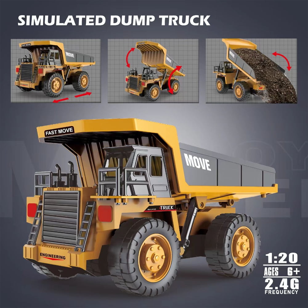 TZDZRC Remote Control Dump Truck 13 Channel 4WD RC Construction Vehicle with Lights and Sounds (Yellow, 2 Batteries) zuhxr