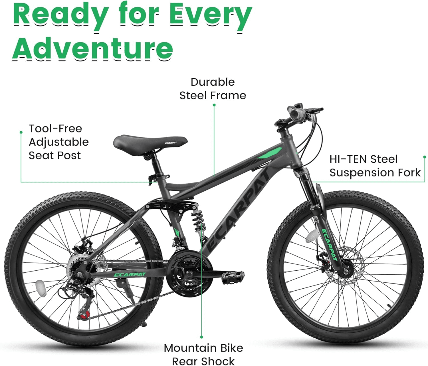 ESRIDOM 24 in Mountain Bike, 21-Speed Full Suspension MTB with Dual Disc Brakes (Grey, 24 in) 08fi8
