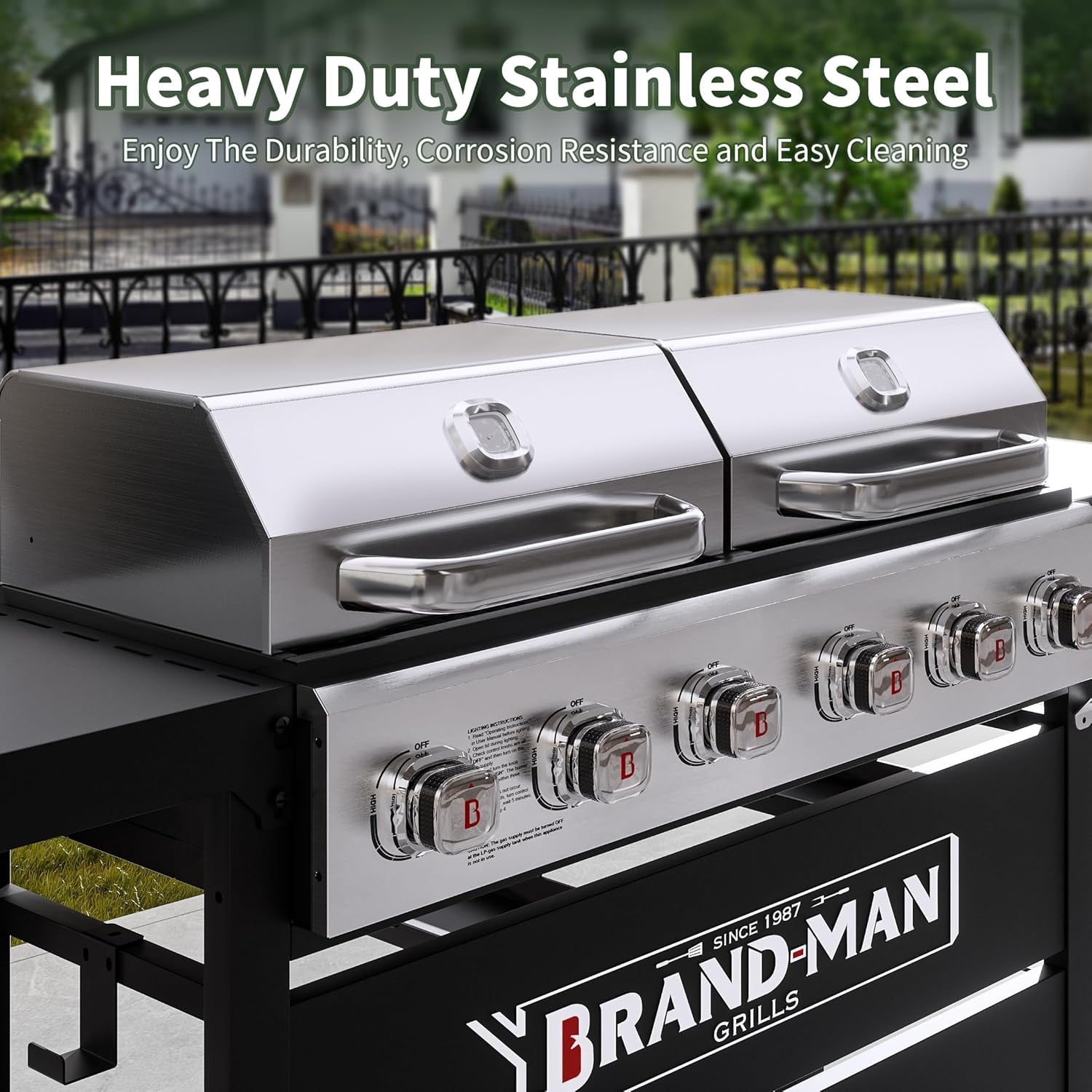 Brand Man 6-Burner Propane Gas Grill and Flat Top Griddle Combo with Stainless Steel Lids (Silver, 60,000 BTU) nh1hn