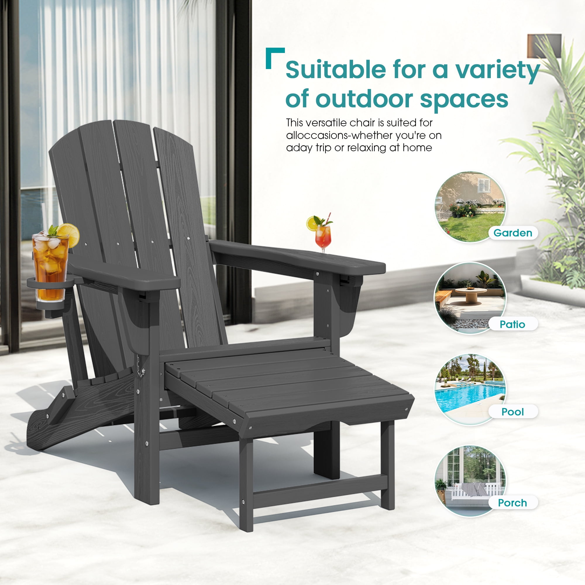 KINGYES Folding Adjustable Adirondack Chair with Retractable Ottoman (Grey, Set of 2) jf7ar