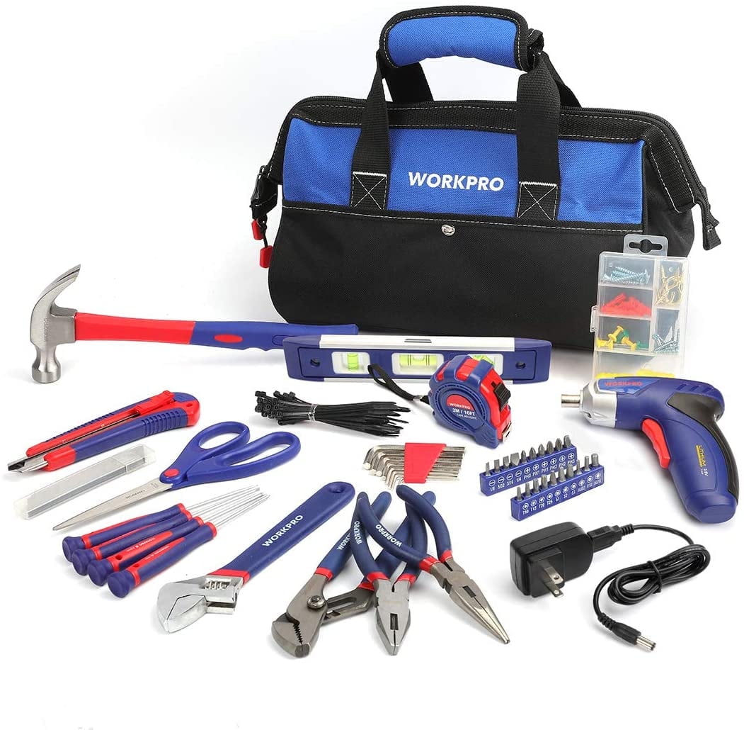 WORKPRO 125-Piece Household Tool Kit, Rechargeable Screwdriver & Home Repair Set with 13-inch Carrying Bag (125 Pieces) 8c5le