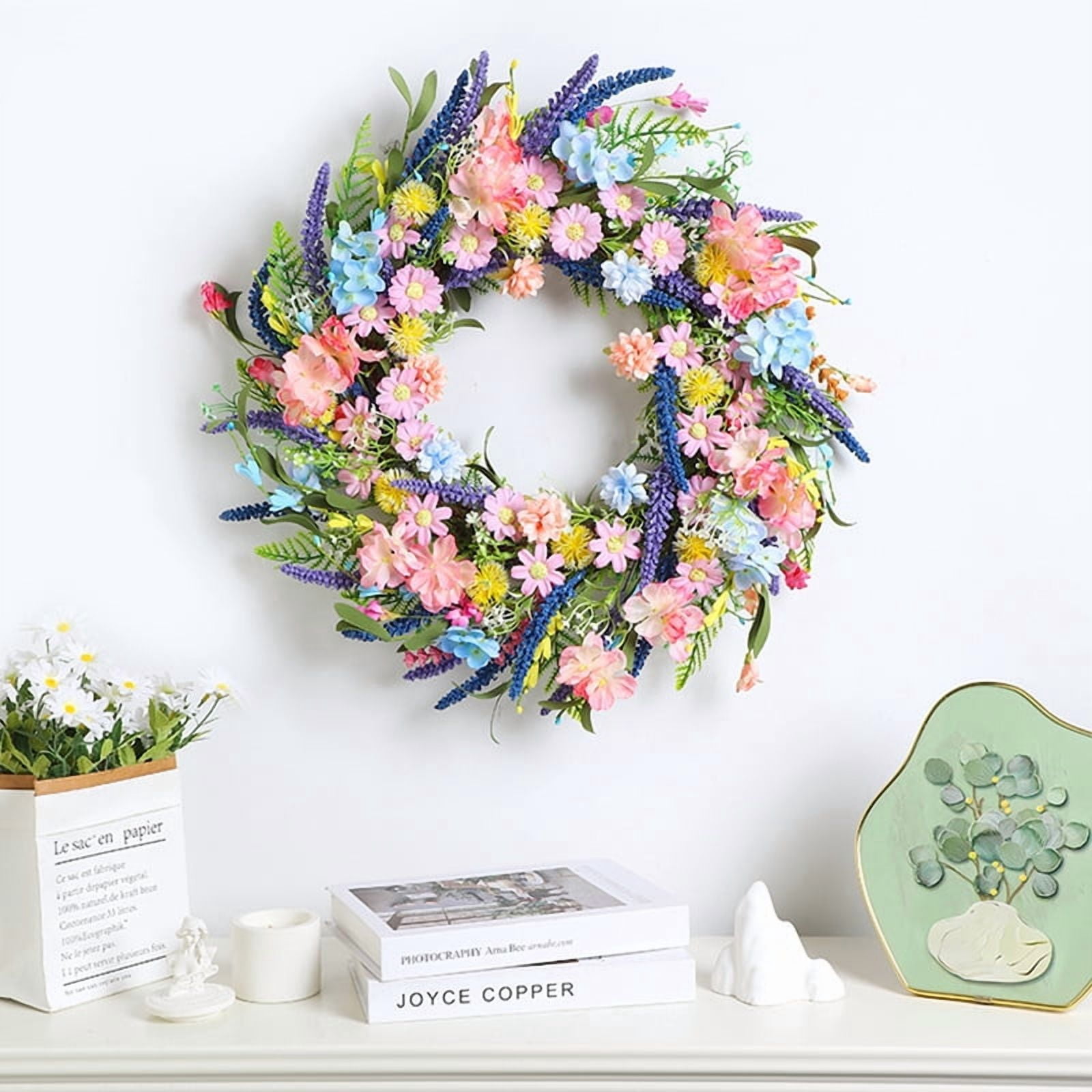 KLPIZB Spring Summer Floral Wreath, Daisy and Lavender Farmhouse Decor for Front Door (Multicolor, 18 in) 9hbjh