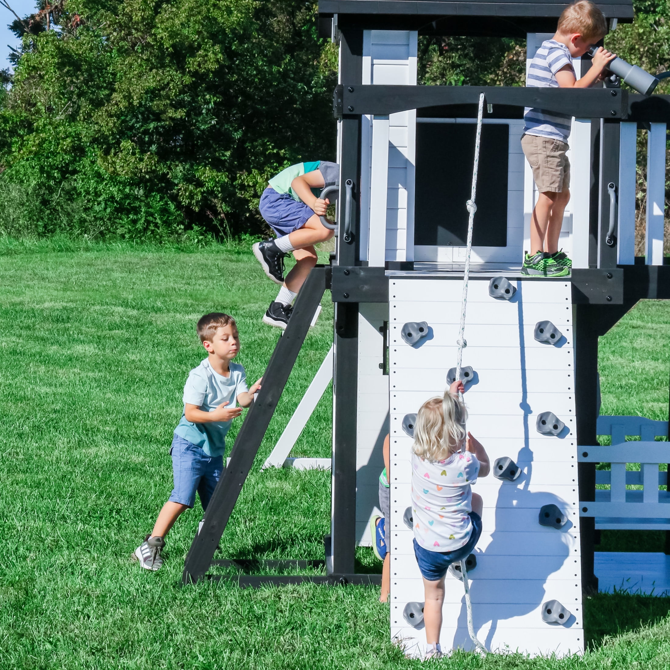 Backyard Discovery Canyon Creek Cedar Wood Swing Set with Slide, Clubhouse, and Rock Wall (White, Large) dzuh1
