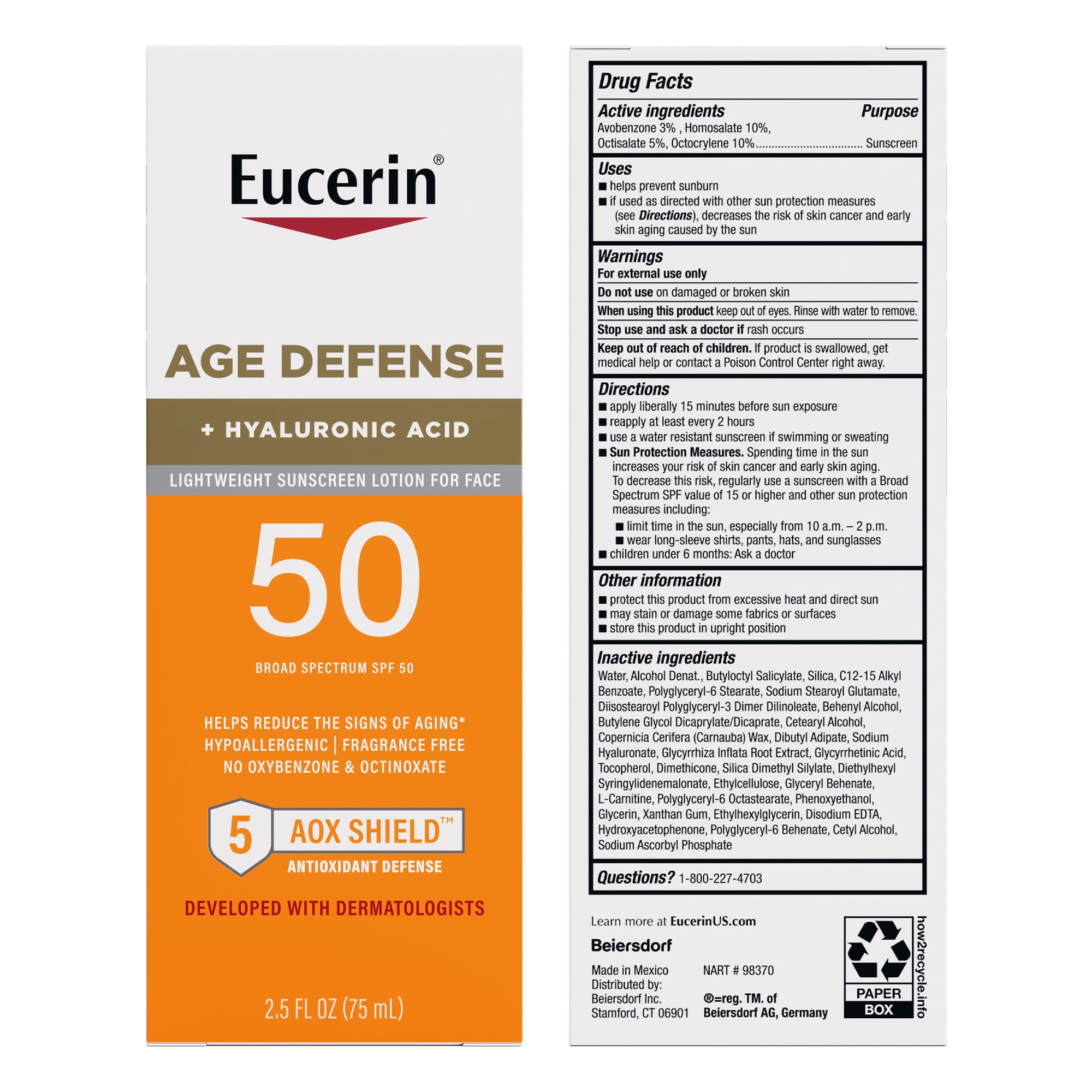 Eucerin Sun Age Defense Face Sunscreen Lotion, SPF 50, Hyaluronic Acid, Lightweight & Non-Comedogenic (2.5 fl oz) gqfnb