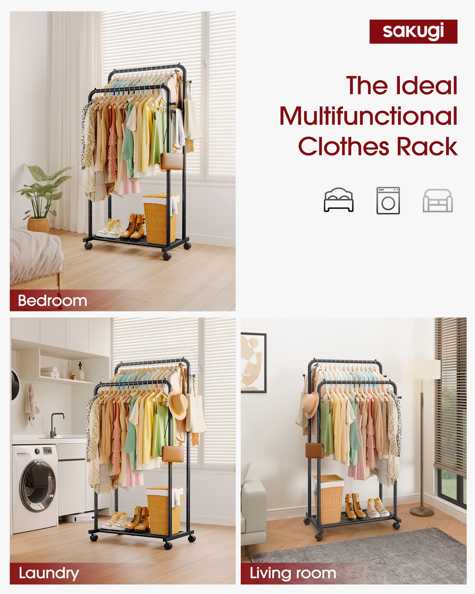 Sakugi Double-Rod Garment Rack with Hooks and Mesh Shelf, Heavy-Duty Rolling Clothing Organizer for Bedroom and Laundry (Black, 32.7 in x 16 in x 59.1 in) zesaf