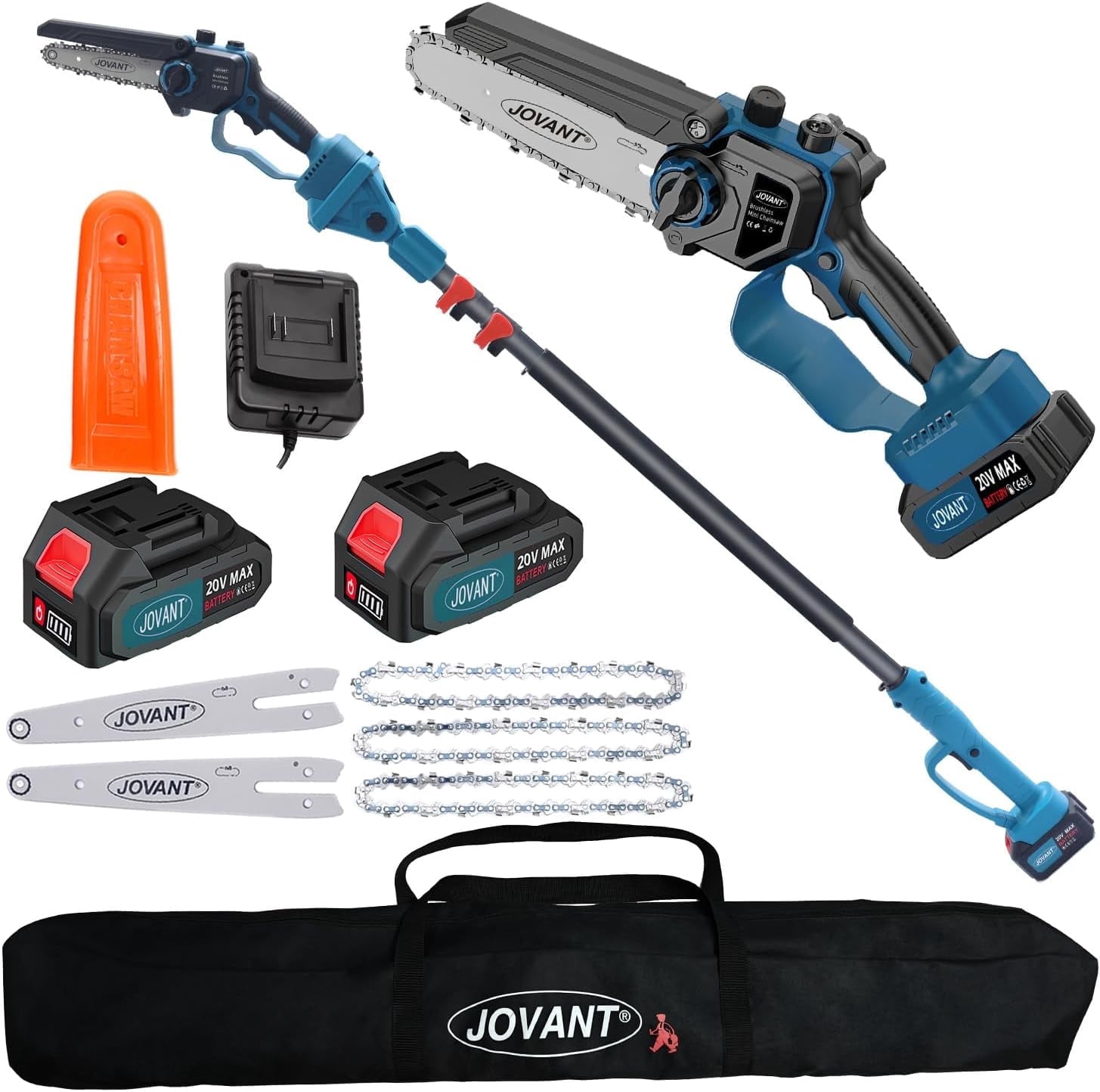 JOVANT 2-in-1 Cordless Pole Saw, Brushless Electric Chainsaw for Tree Trimming (15 ft Reach, 20V 4.0Ah Battery, 2 Pack) vkswy
