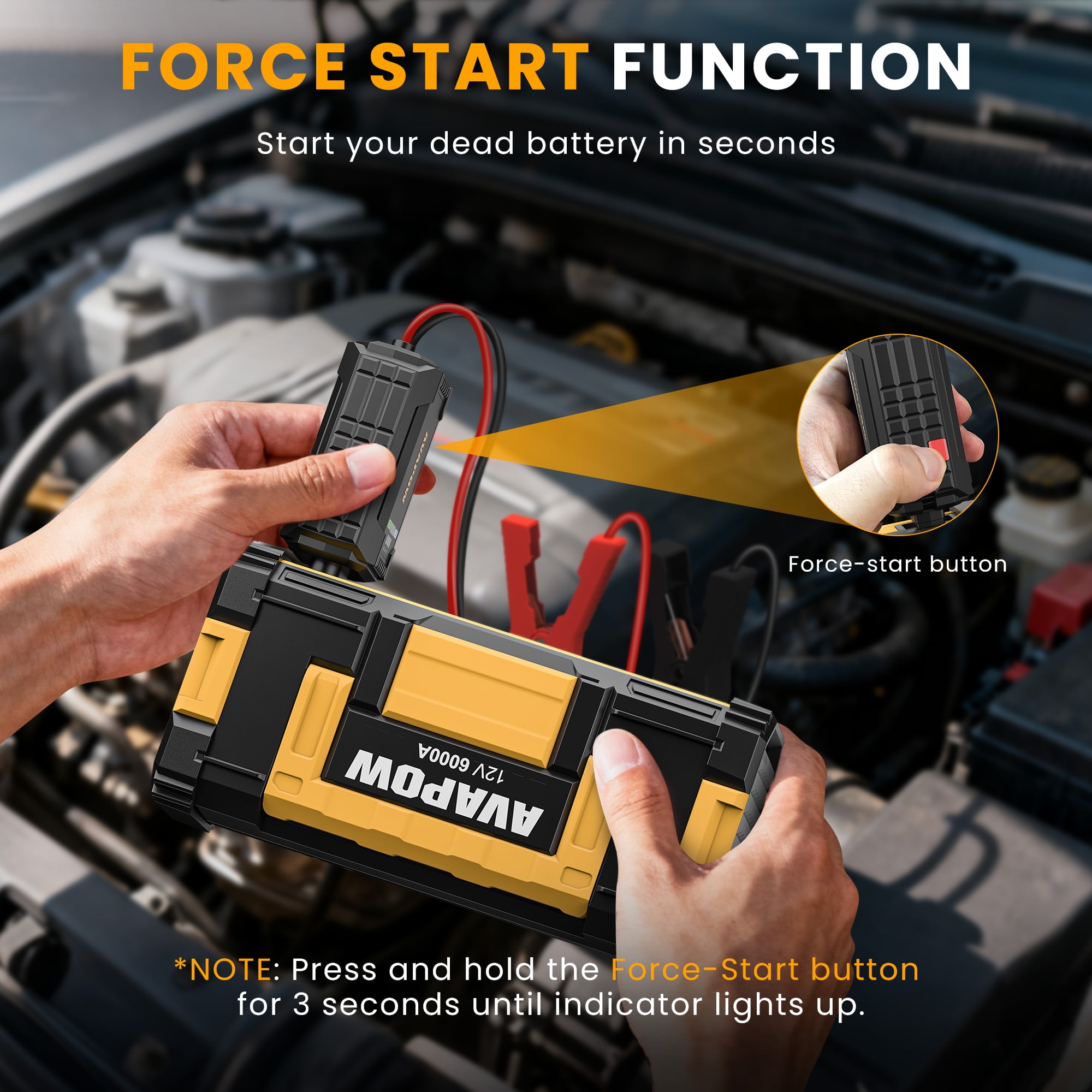 AVAPOW 6000A Portable Car Battery Jump Starter (Heavy-Duty, 32000mAh, LED Light, Yellow) jxqwv