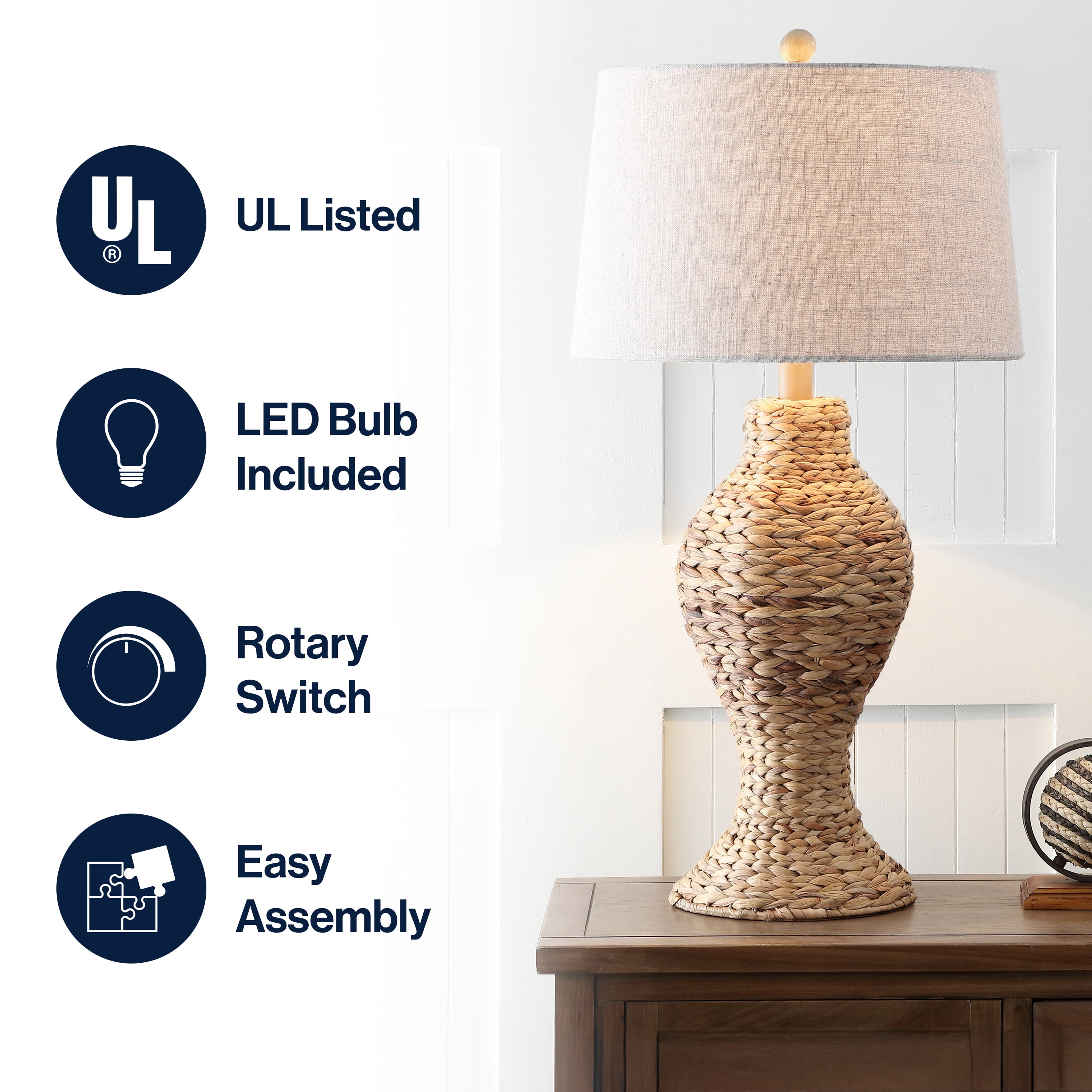 JONATHAN Y Elicia Coastal Cottage Water Hyacinth Weave Table Lamp (Natural, 31 in) 5ntdu