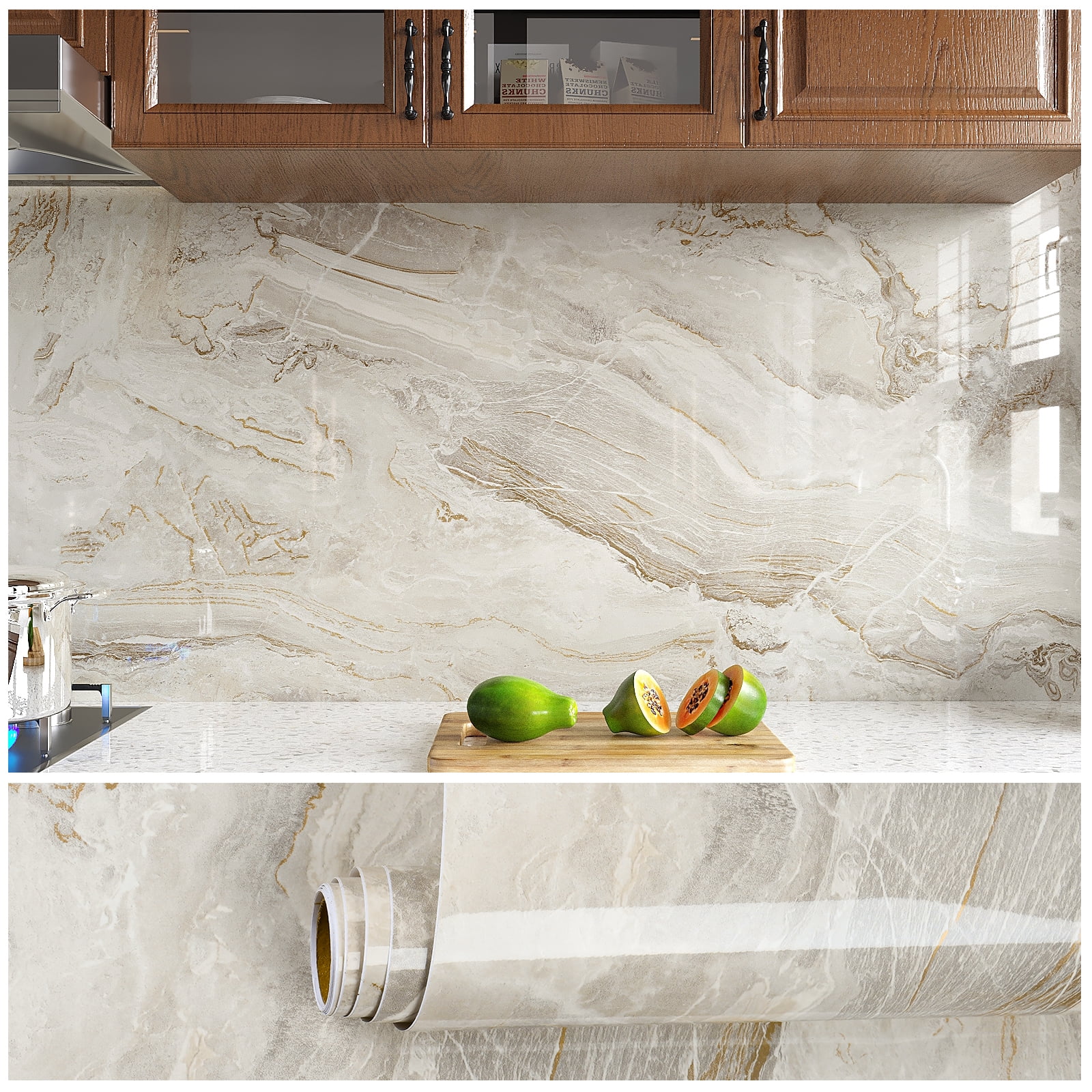 VEELIKE Marble Peel and Stick Contact Paper for Countertops, Waterproof Vinyl Film for Kitchen and Furniture (Beige Gold, 15.7 in x 118.1 in) 579fn