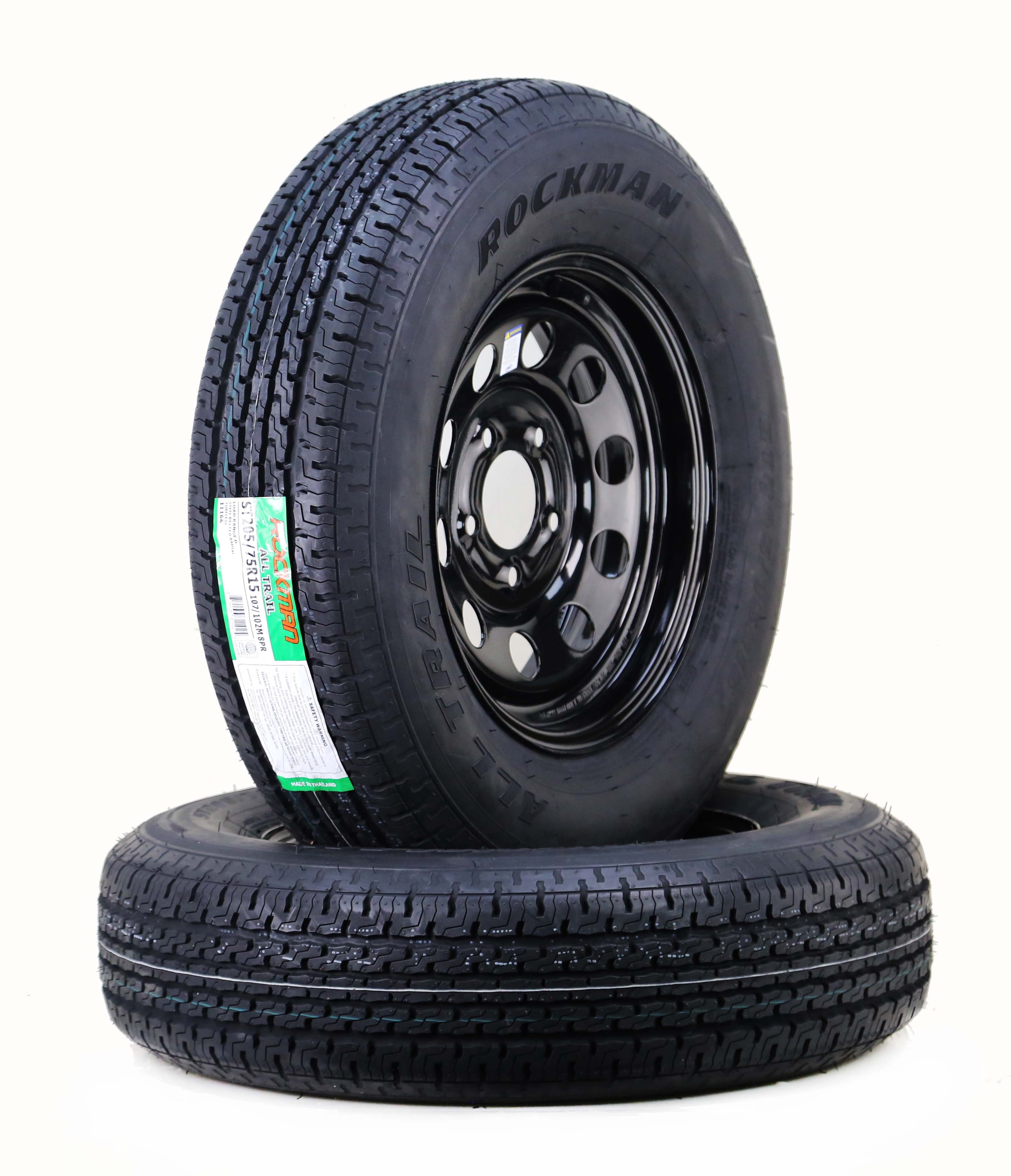 ROCKMAN Trailer Tire and Wheel Assembly ST205/75R15 8-Ply Load Range D (Black, 2 Pack) hpesj