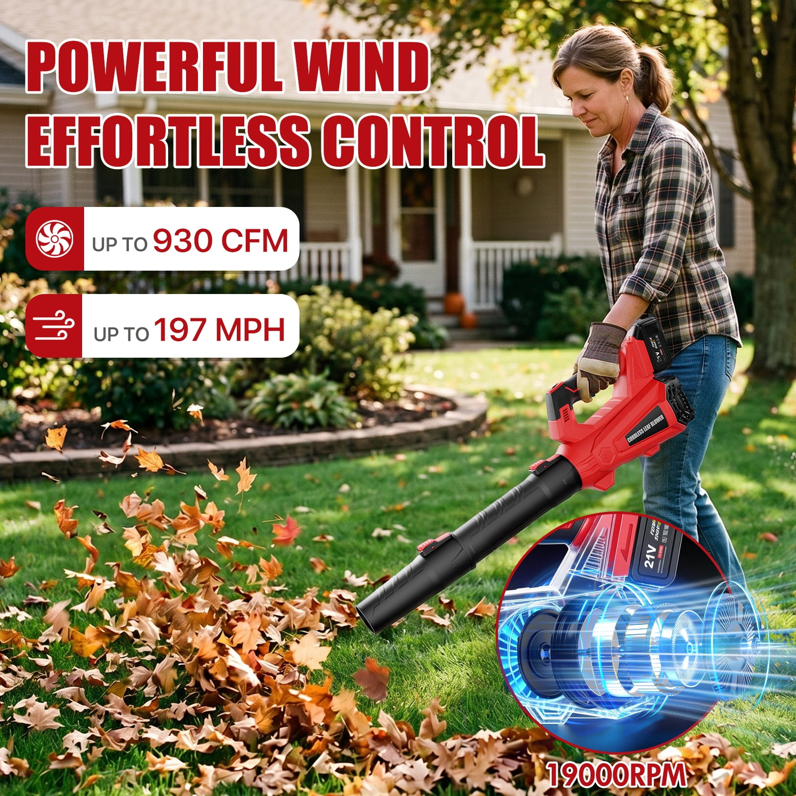 IAMSTECH Cordless Leaf Blower, 930 CFM Electric Power Sweeper with 6 Speed Settings (21V 4.5Ah, 7.5 lb) l22gk