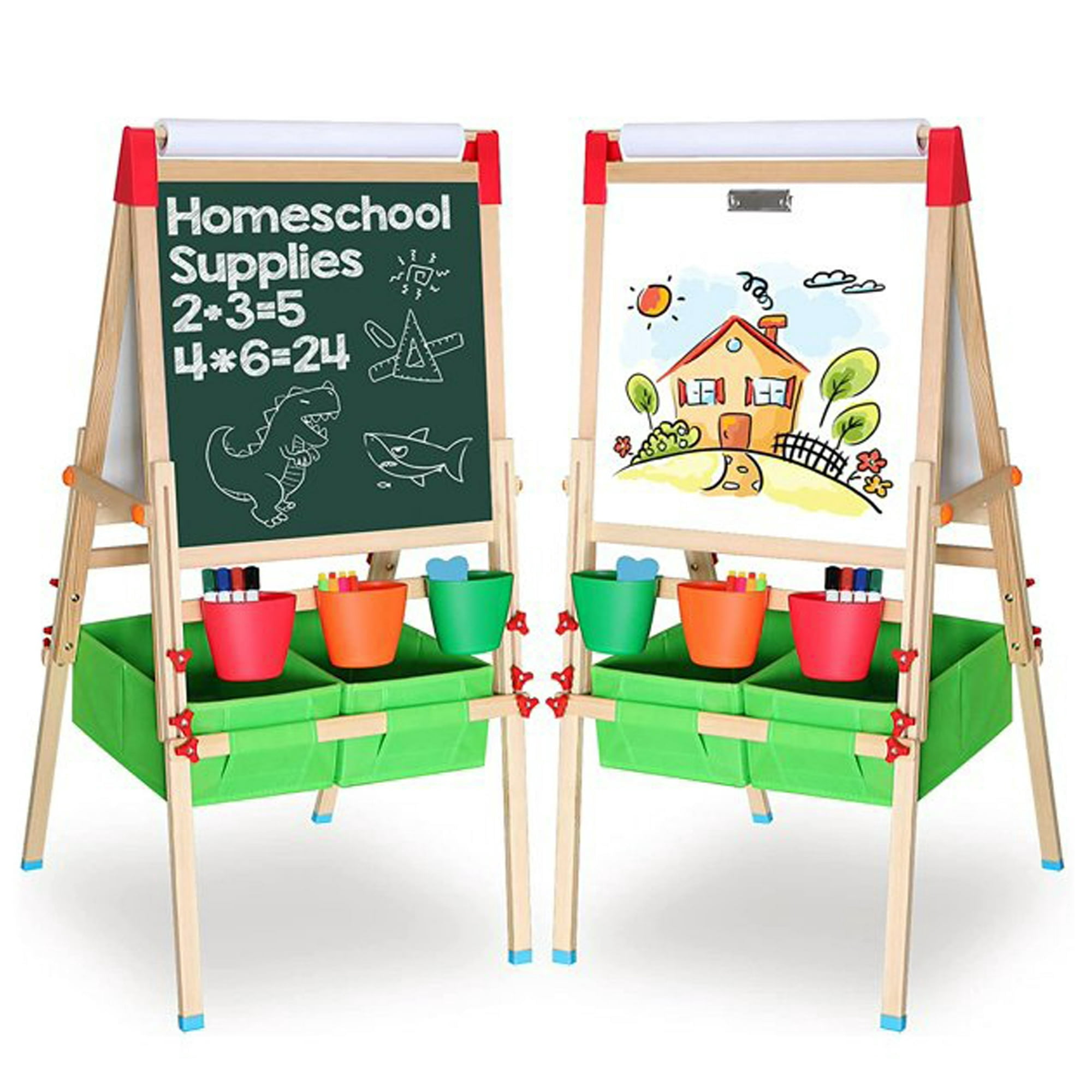 Ealing All-in-One Kids Art Easel with Paper Roll and Storage Bins, Double-Sided Height Adjustable Magnetic Whiteboard and Chalkboard (Green, 195 in Paper) k8dbf