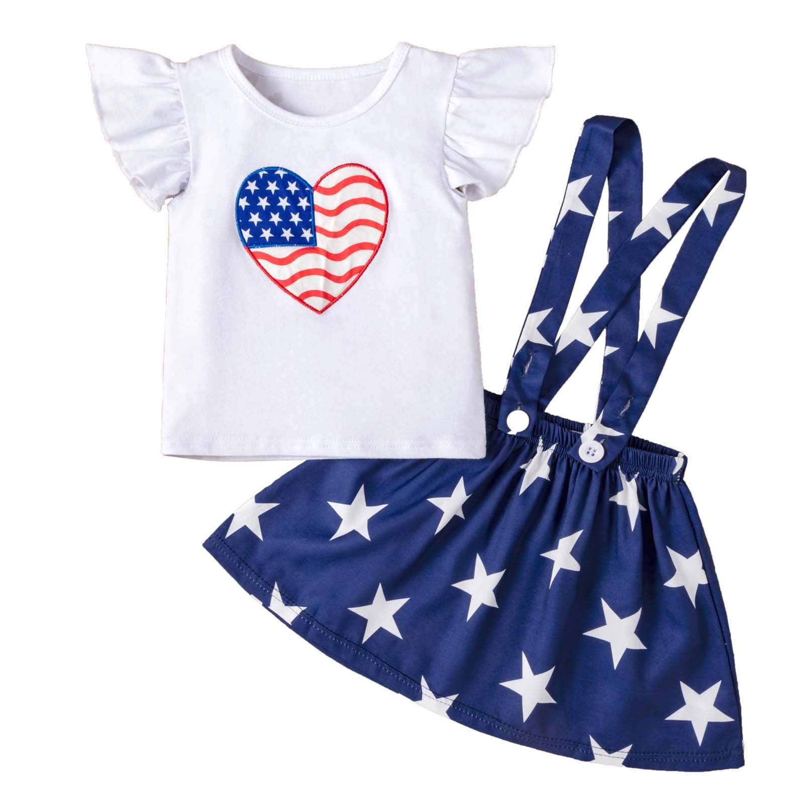 ATOGUTA Toddler Girls 4th of July Outfit Ruffle Sleeve T-Shirt and Suspender Dress Set (White, 3T) fv3hg