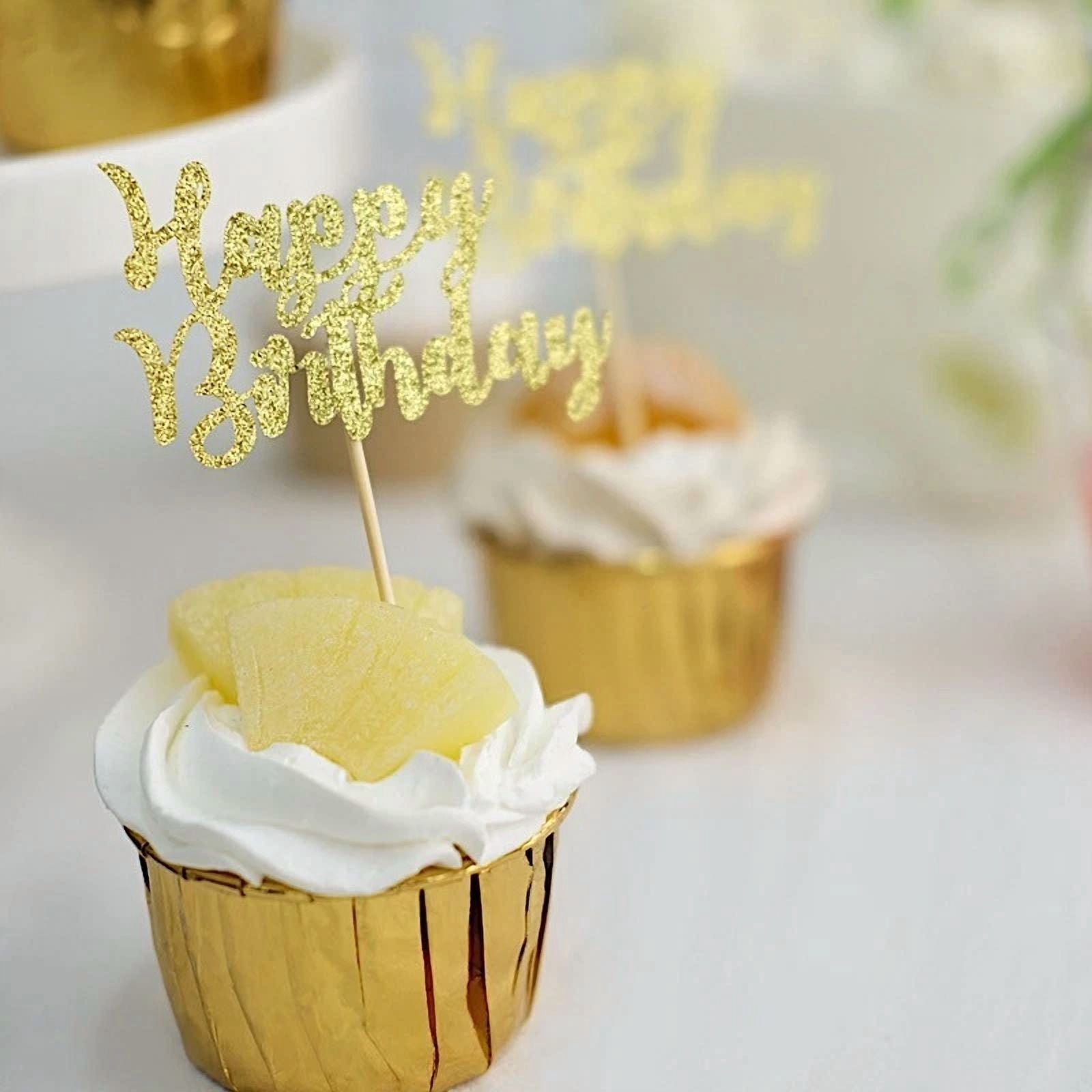VAULT Happy Birthday Cake Cupcake Toppers Glittered Party Decorations (Gold, 24 Count) 8js29