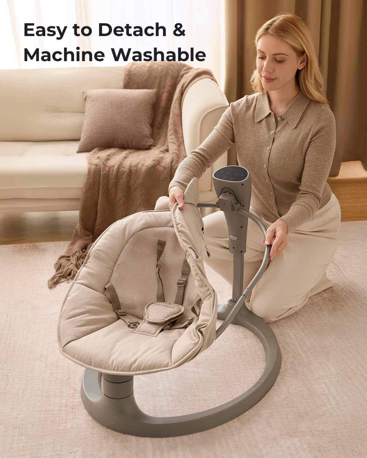 Momcozy 2-in-1 Electric Baby Swing and Toddler Seat, Dual-Arm Support System (Beige, 66 lb) pqi6o