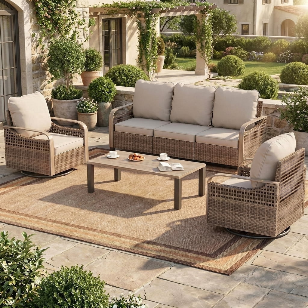Poteban Outdoor Patio Wicker Furniture Set (Beige, 6-Piece Set) 255q0