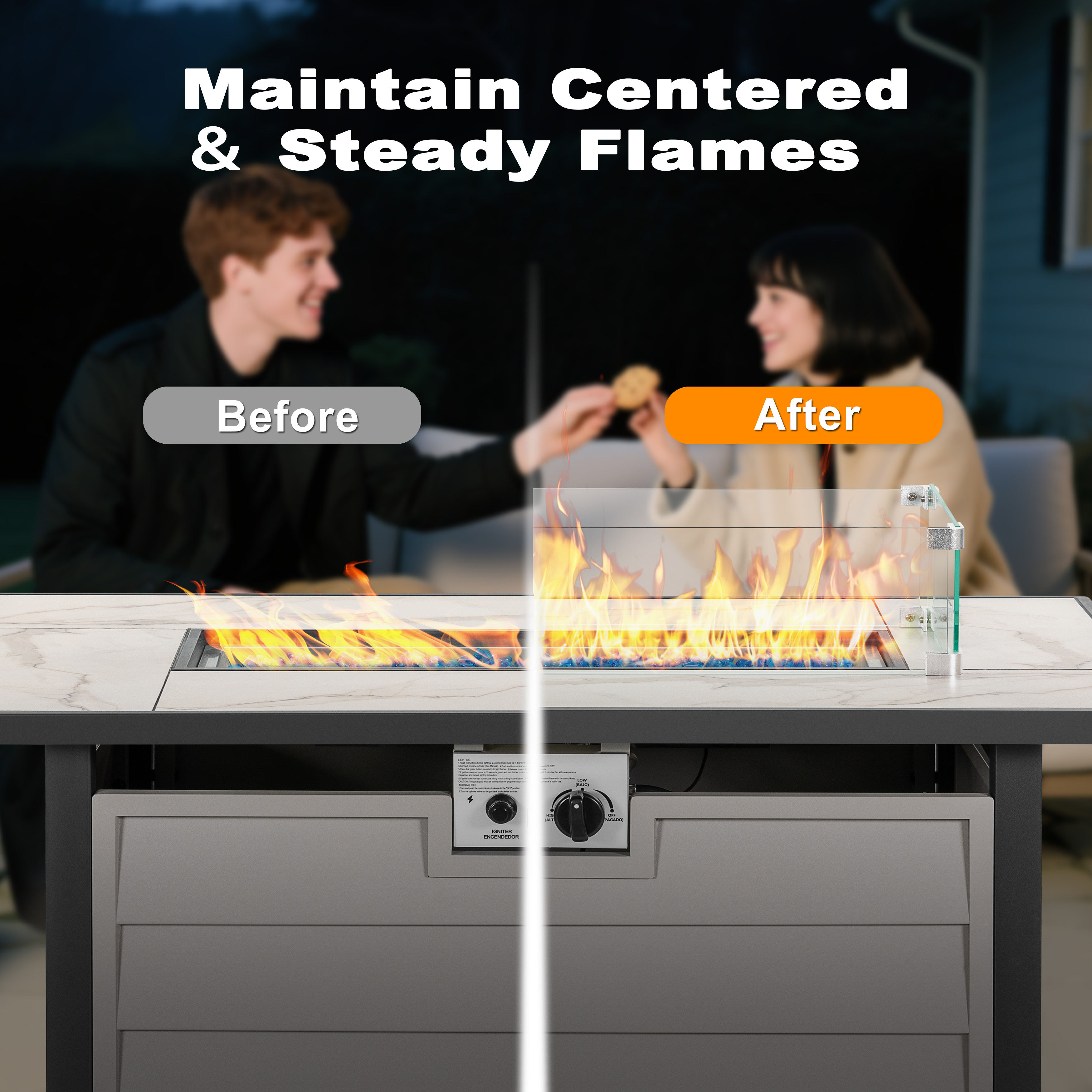 Nuu Garden 43 in Propane Fire Pit Table with Marble Texture Glass Top, 50,000 BTU Outdoor Gas Fireplace with Wind Guard and Lid (Ivory White, 43 in) 8llz3