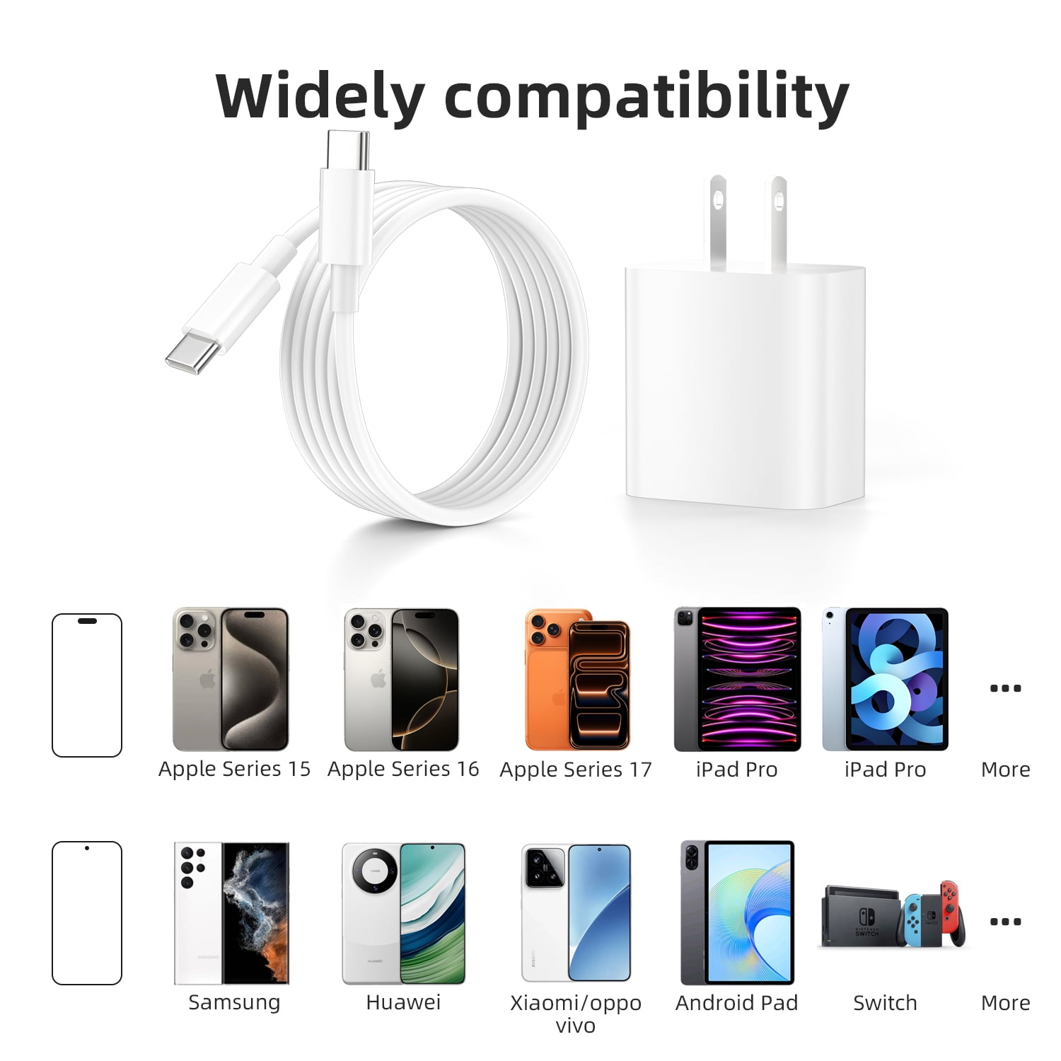 looyotul 20W USB C PD Fast Wall Charger with 6ft USB C to C Cable for iPhone 15/16/17 Series and Android (White, 1 Pack) 9xczu