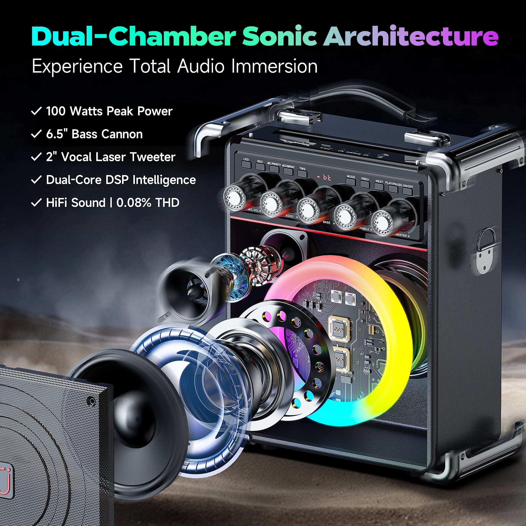 JAUYXIAN Portable Karaoke Machine with 2 Wireless Microphones, Bluetooth Speaker System for Parties (Black, 6.5 in Subwoofer) 0blqp