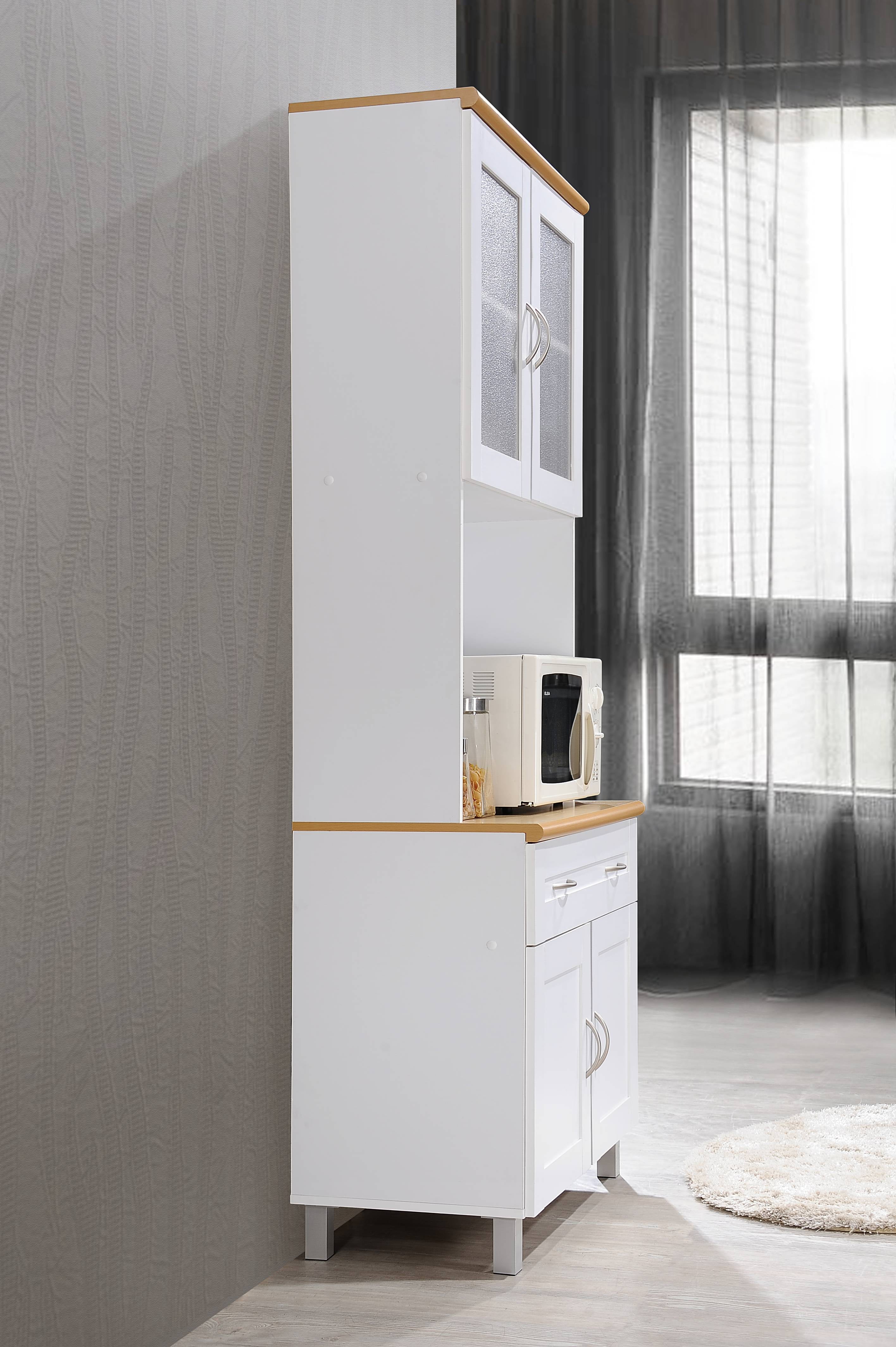 Hodedah Tall Free Standing Kitchen Cabinet with Microwave Storage and Drawer (White, 79 in. H x 32 in. W x 17 in. D) zf1pn