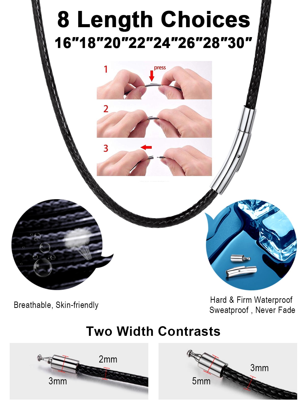 FaithHeart Braided Leather Cord Necklace for Men and Women, Waterproof Wax Rope Chain with Stainless Steel Clasp (Black, 20 in) 0r57a