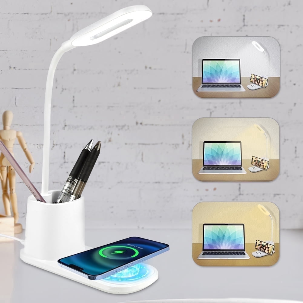 BCOOSS LED Desk Lamp with Wireless Charger and Pen Holder (3-Mode Dimmable, Flexible Gooseneck) i8cj6