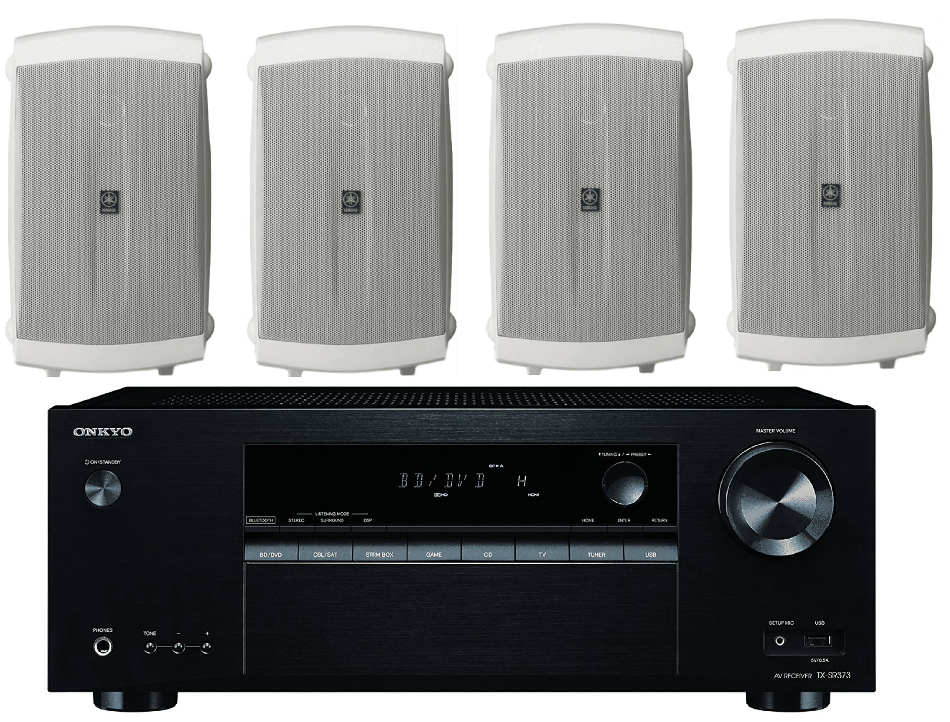 Onkyo 5.2 Channel 4K Bluetooth AV Receiver and Yamaha Indoor/Outdoor Weatherproof Speaker System (4-Piece Set) lb5i3