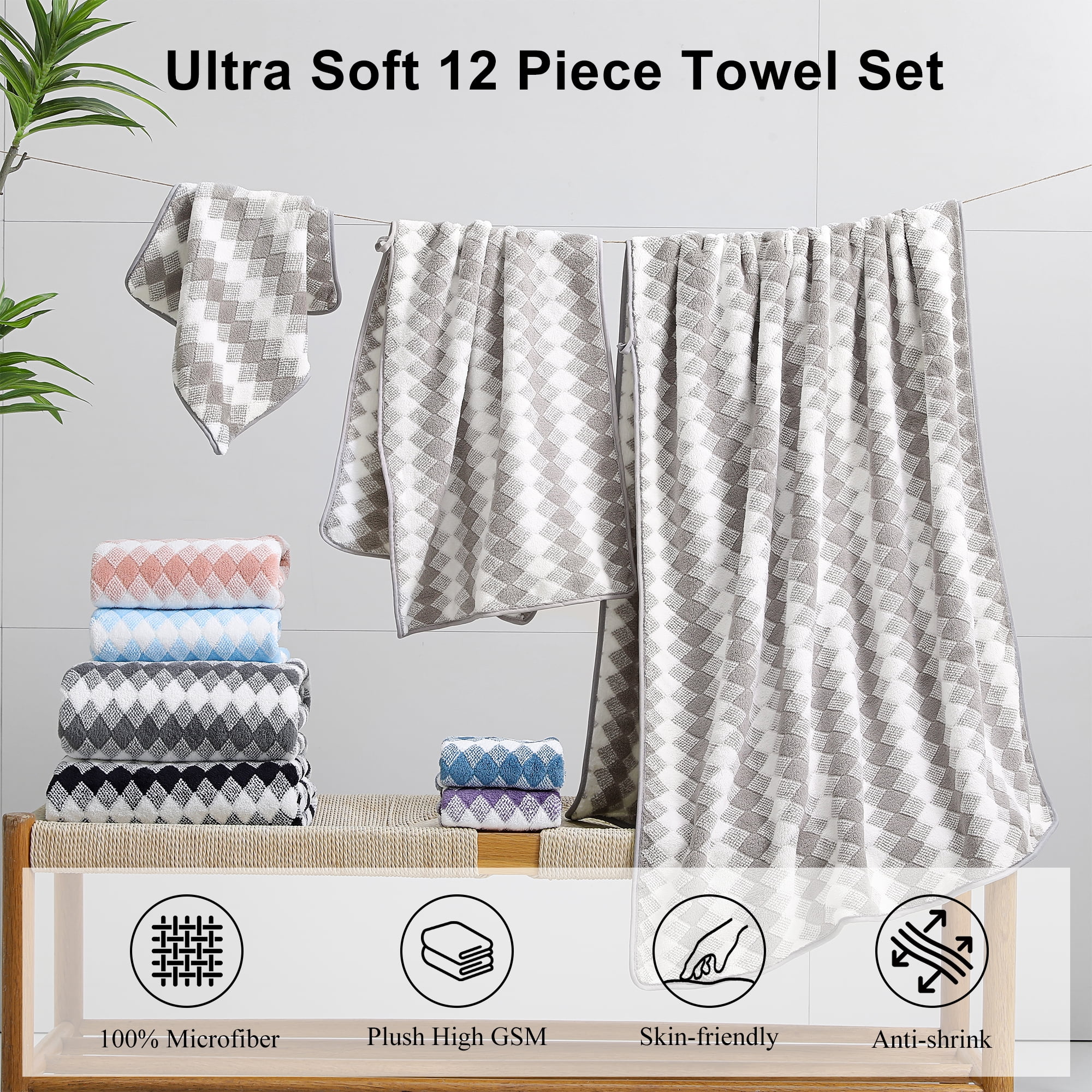 Jessy Home 12-Piece Plush Bath Towel Set, Highly Absorbent Hotel Quality Bathroom Linens (Light Gray, 12-Piece Set) 123yi