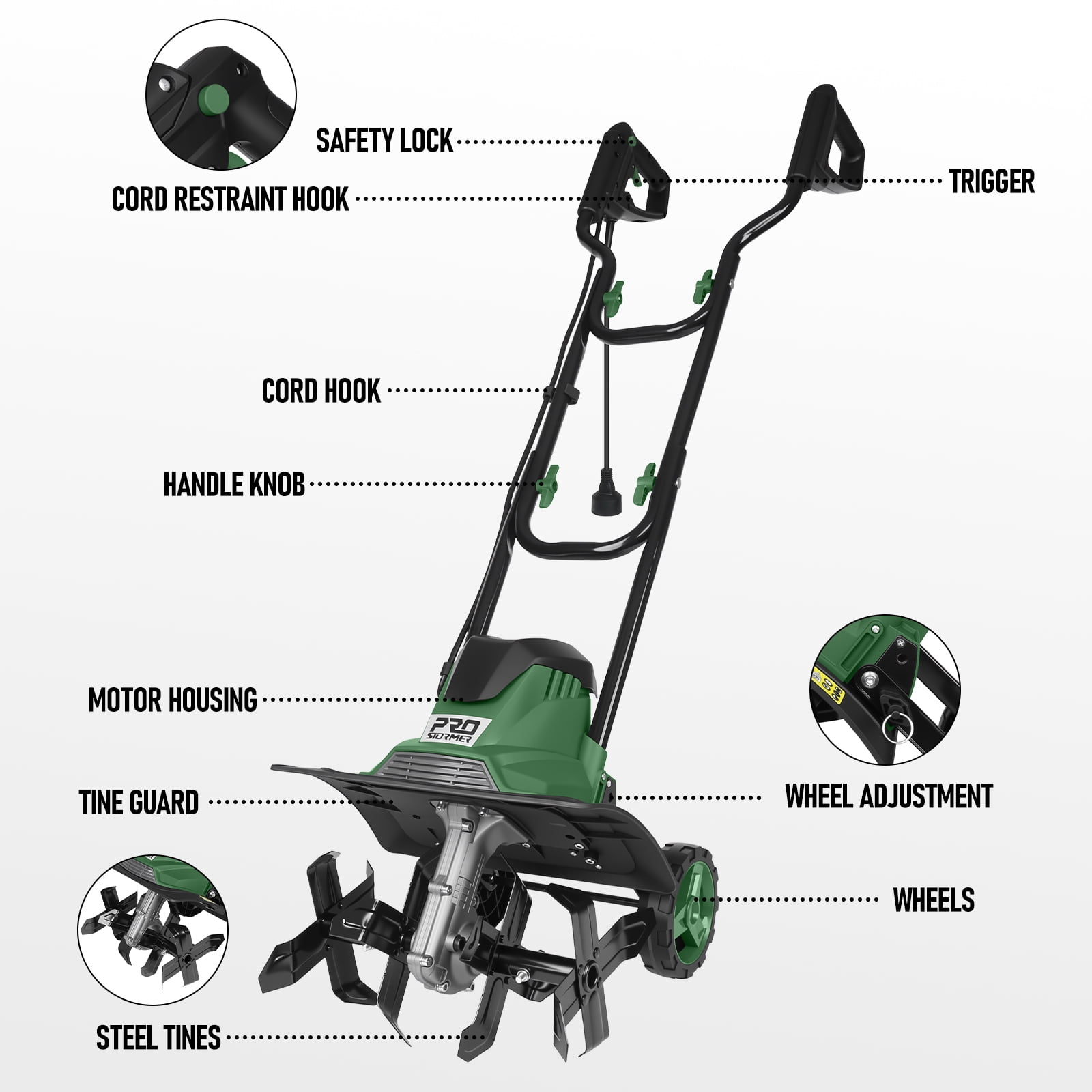 Prostormer Electric Garden Tiller, 10 Amp Rotary Cultivator with Foldable Handle and Adjustable Wheels (14 in) 4r0e6