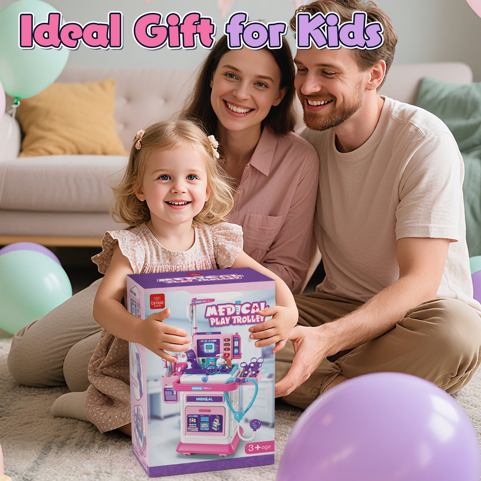 KWANITHINK Kids Doctor Play Cart with Realistic Light and Sound Effects, Pretend Medical Station Role Play Toy (Pink, 21.2 in x 16.9 in x 8 in) fkiqg
