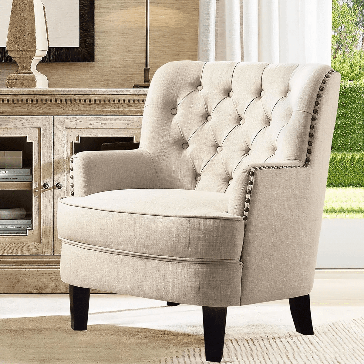 Shengchao Trade Velvet Upholstered Club Chair, Tufted Wingback Barrel Accent Chair with Nailhead Trim (Beige, 34.5 in H) 6a68i