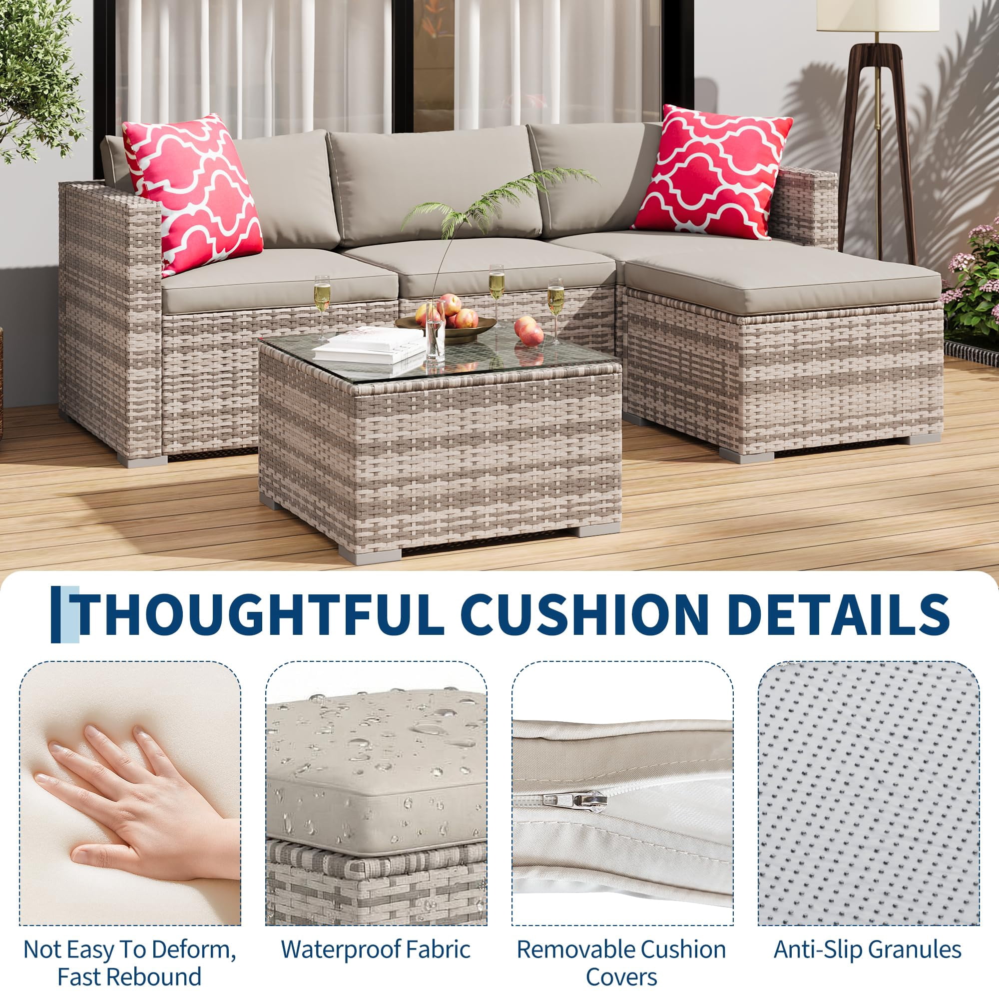 EliteEdge 5-Piece All-Weather PE Rattan Patio Sofa Set, Modular Outdoor Furniture with Tempered Glass Table and Waterproof Cushions (Brown Rattan, Light Grey Cushion, 5-Piece Set) i6xq3