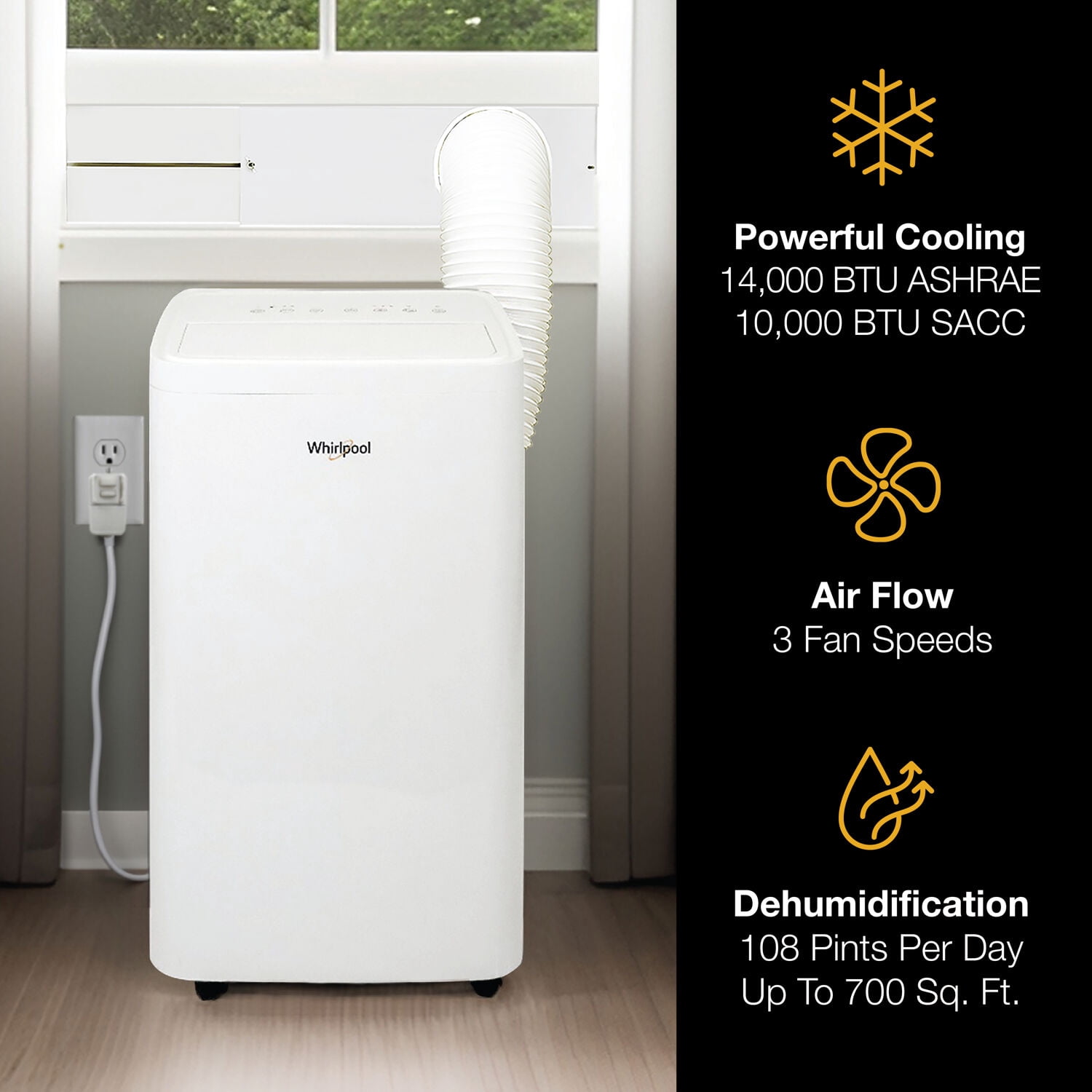 Whirlpool Portable Air Conditioner (14,000 BTU, 700 Sq Ft Cooling Capacity, White) bw0e1