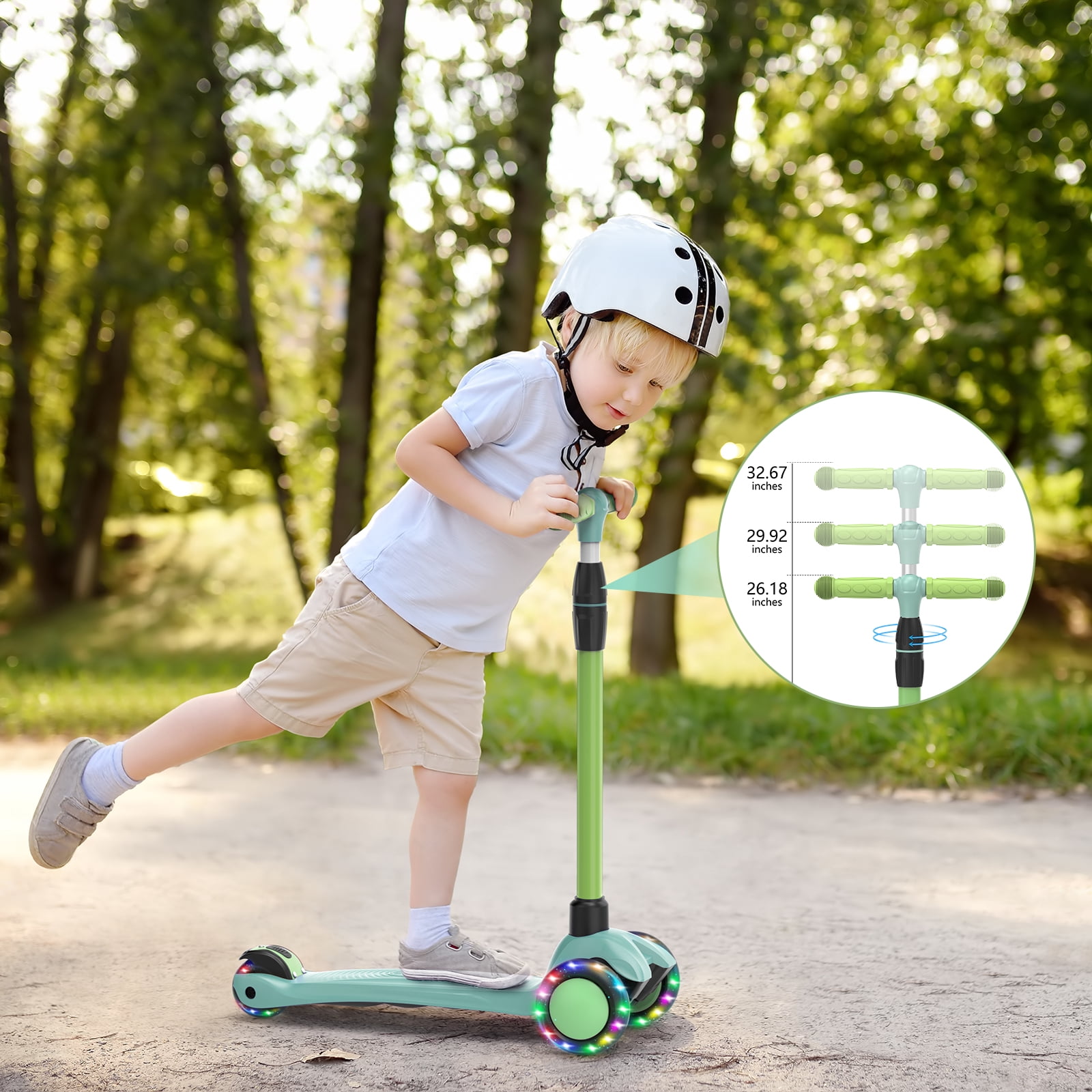 Spptty Kids Kick Scooter with 3 LED Lighted Wheels, Adjustable Height Handlebars, Lean-to-Steer, Foldable Design (Green, 8 lb) 9rnb7