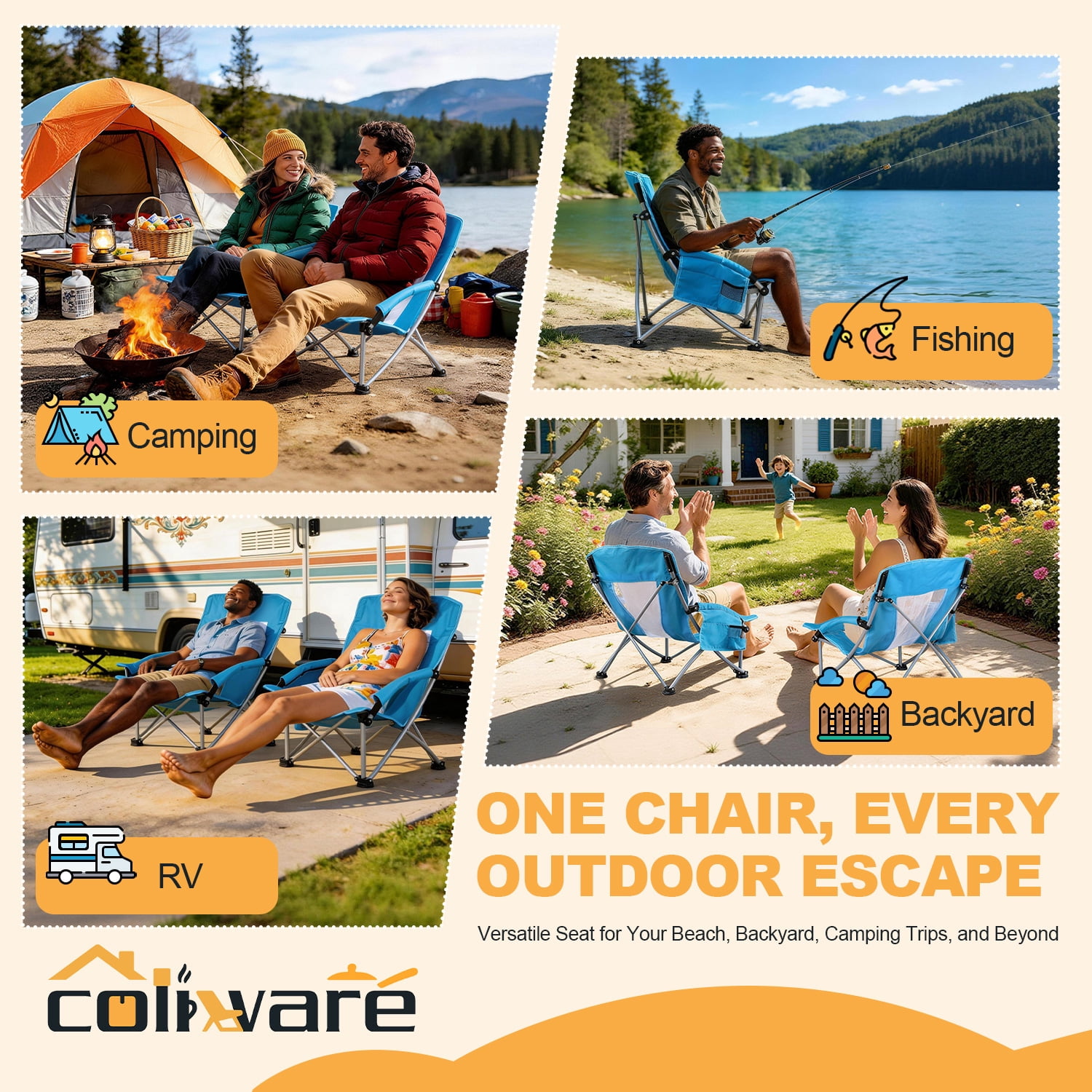 Coliware Folding Low Beach Chair, Portable Camping Chair with Side Cup Holder & Storage, Heavy Duty Outdoor Seat (Blue, 2-Pack) 3nugm