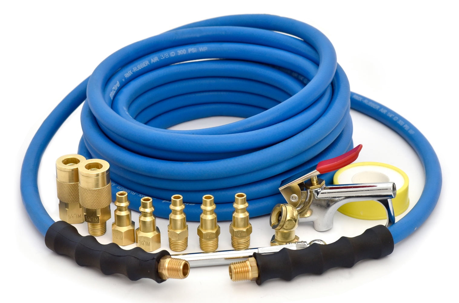Blubird 3/8 in Rubber Air Hose Assembly with Brass Accessory Kit (Blue, 50 ft) w0vmx