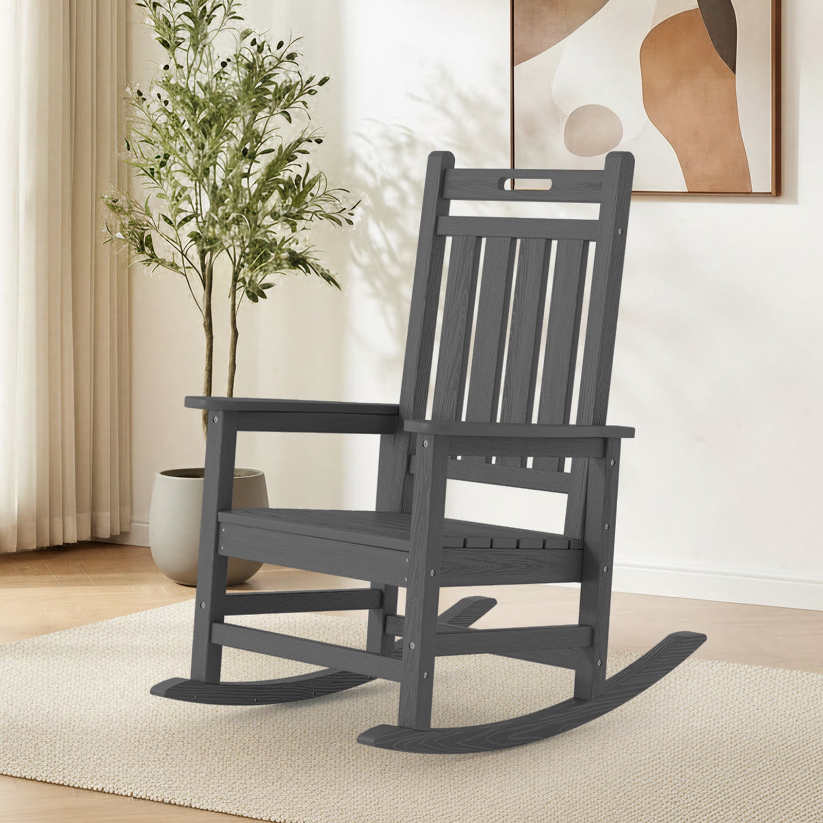 Loyalice HDPE Outdoor Rocking Chair, All-Weather High Back Patio Rocker with Wood-Grain Texture (Gray) 1kiwq