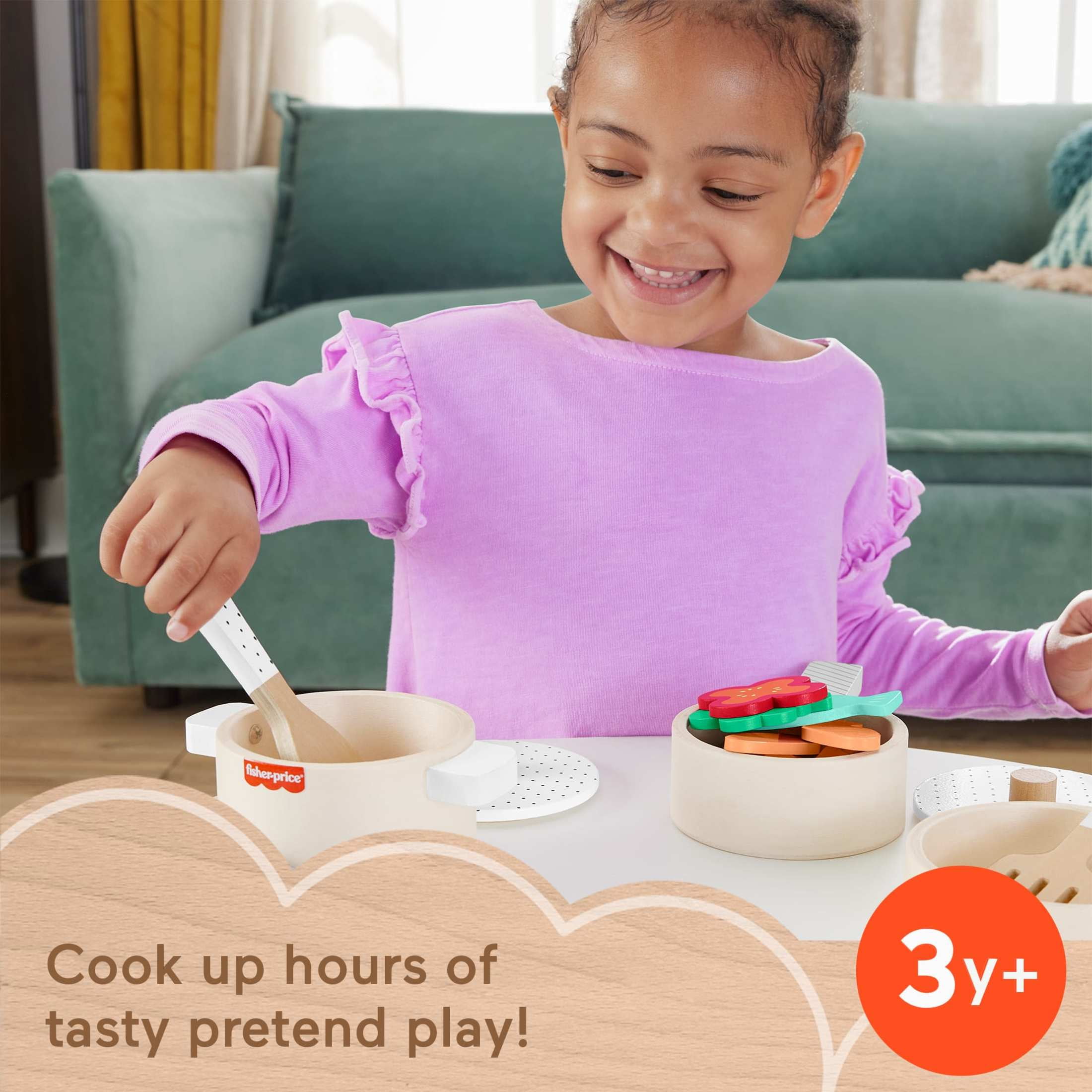 Fisher-Price Wooden Kitchen Pots and Pans Set for Pretend Play (19 Pieces) cm211