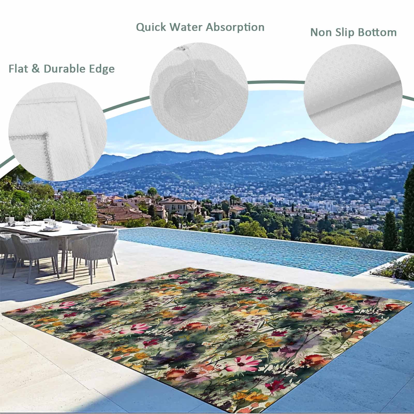 LBCASA Outdoor Rug Floral Watercolor Washable Area Carpet for Patio Deck and RV (Green, 5 ft x 7 ft) n3x34