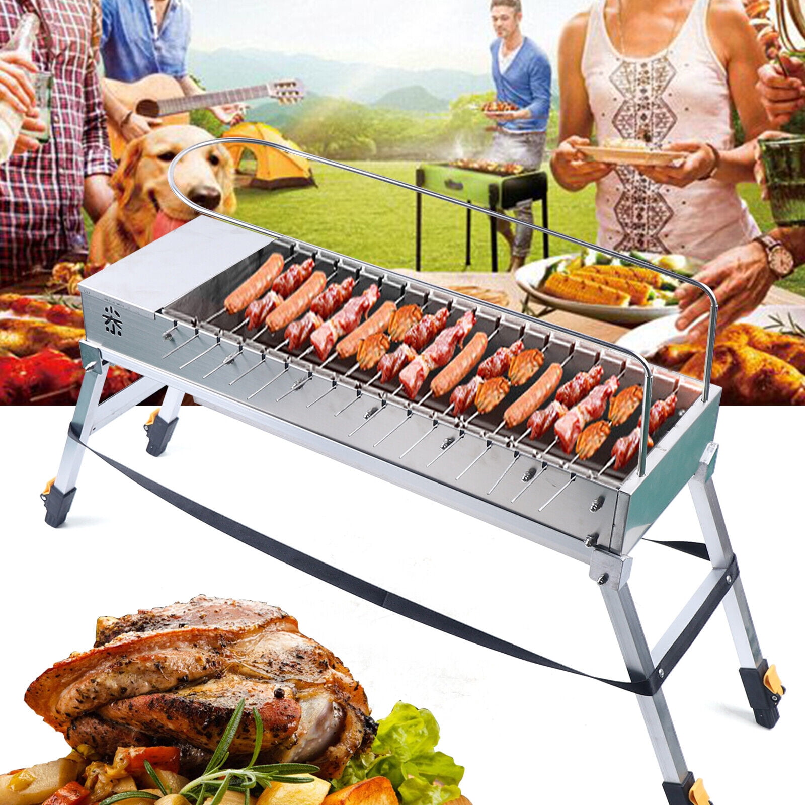 KONKENIE Foldable Electric BBQ Grill Stainless Steel Portable Outdoor Camping Barbecue Machine (Silver, 27 in x 9.5 in x 4.7 in) y1jlm