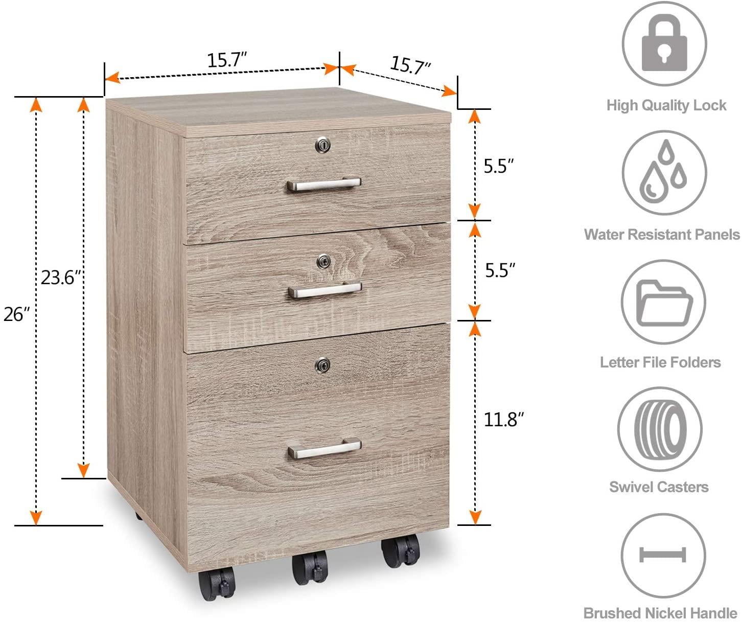 Ktaxon 3-Drawer Rolling Wood File Cabinet with Lock, Mobile Vertical Storage Organizer for Home Office (Grey, 24 in x 16 in x 26 in) gzq9z