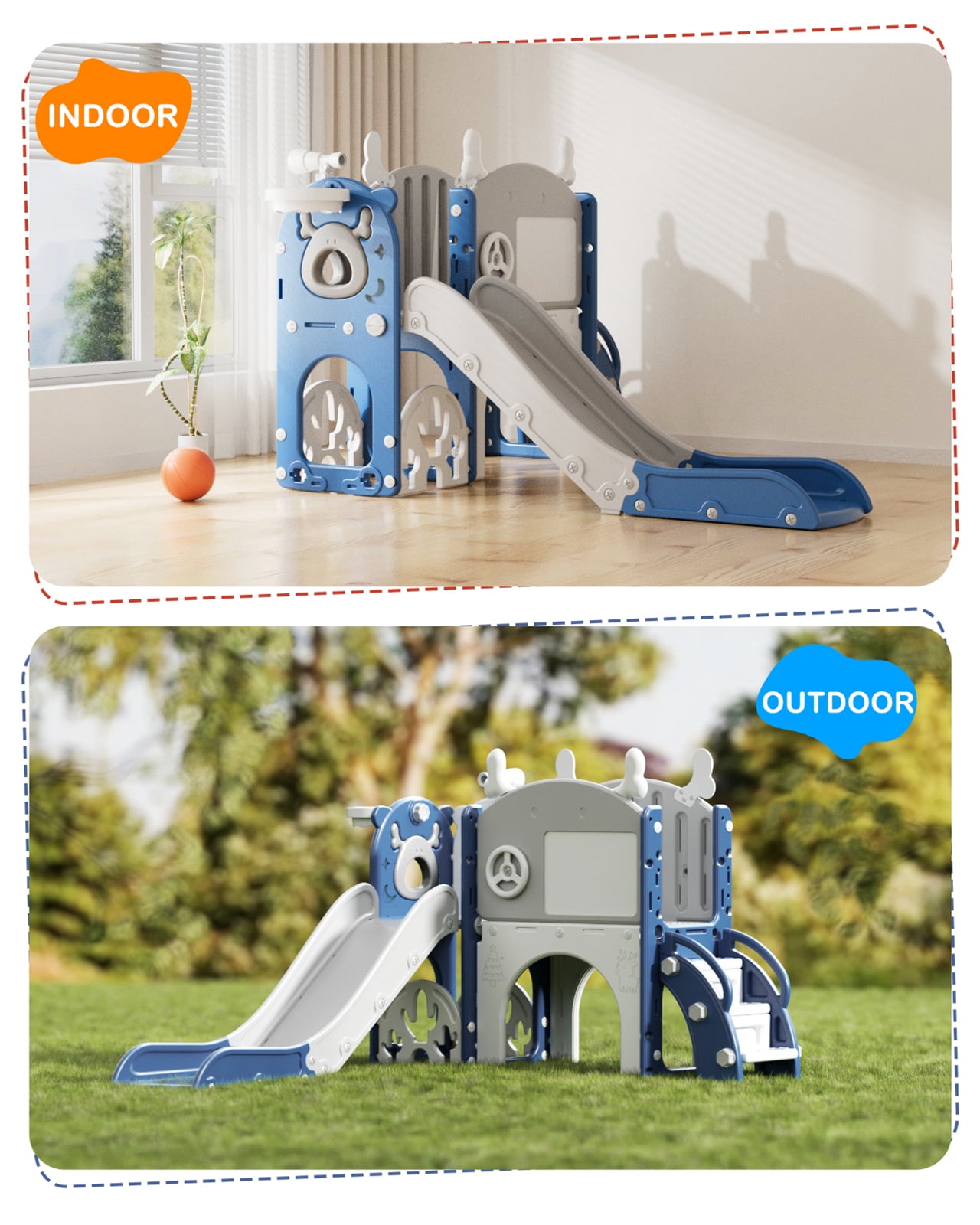 Korimefa 11-in-1 Toddler Climber and Slide Playset with Basketball Hoop and Golf Set (Blue, 62.6 x 62.6 x 39 in) ehwmm