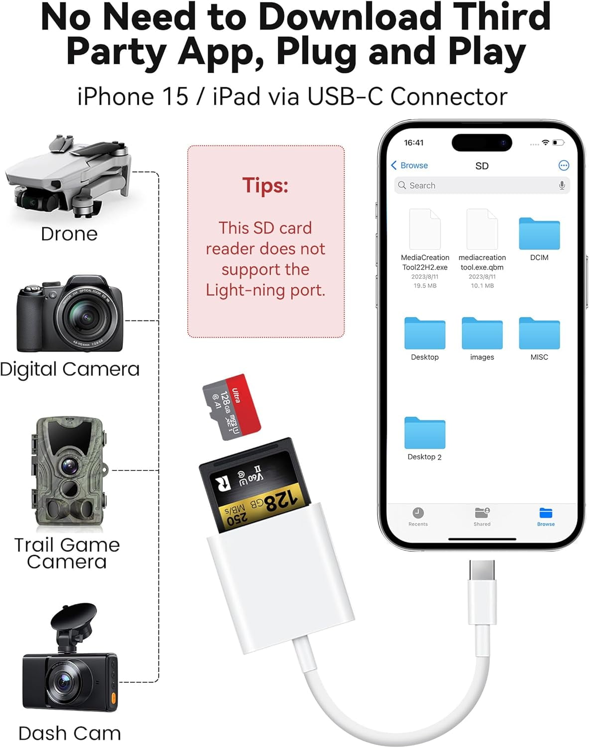 Duomigo USB-C SD and microSD Card Reader, Dual Slot Memory Card Adapter for MacBook, iPad, iPhone 15/16 (1 Pack) 94euf