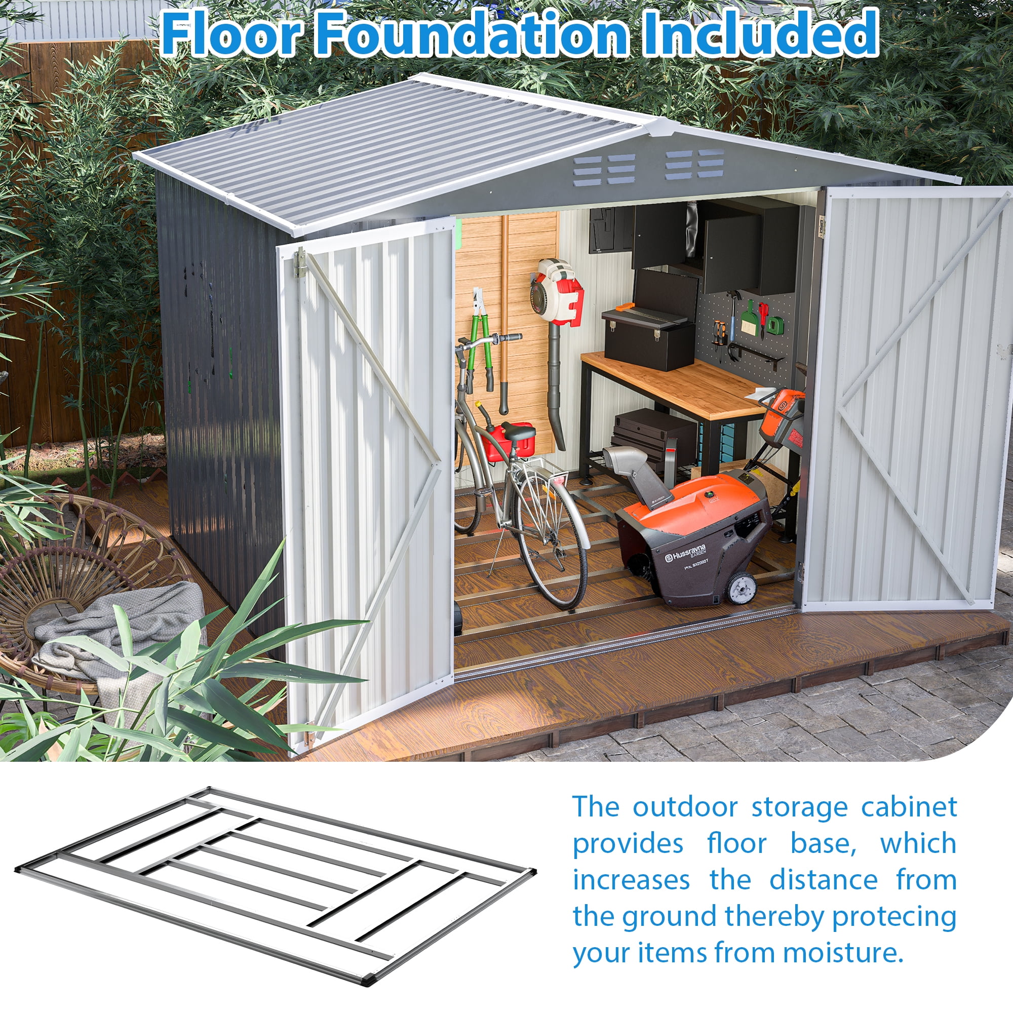 LIVIVOX Outdoor Garden Storage Shed with Lockable Doors and Air Vents (Grey, 8 x 6 ft) 131j3